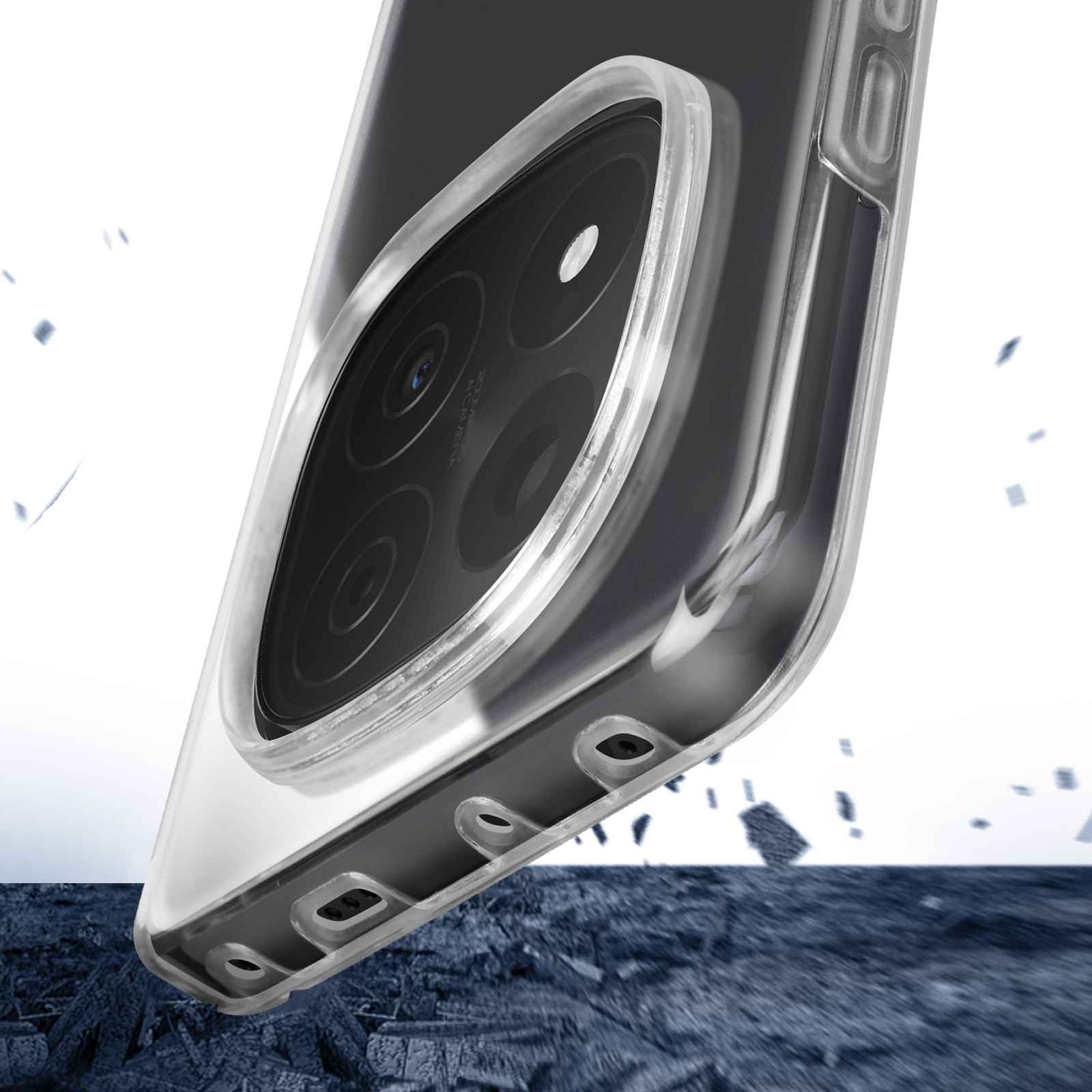 Custodia trasparente per telefono sopra la fotocamera di un telefono. La custodia è trasparente, sfondo bianco.