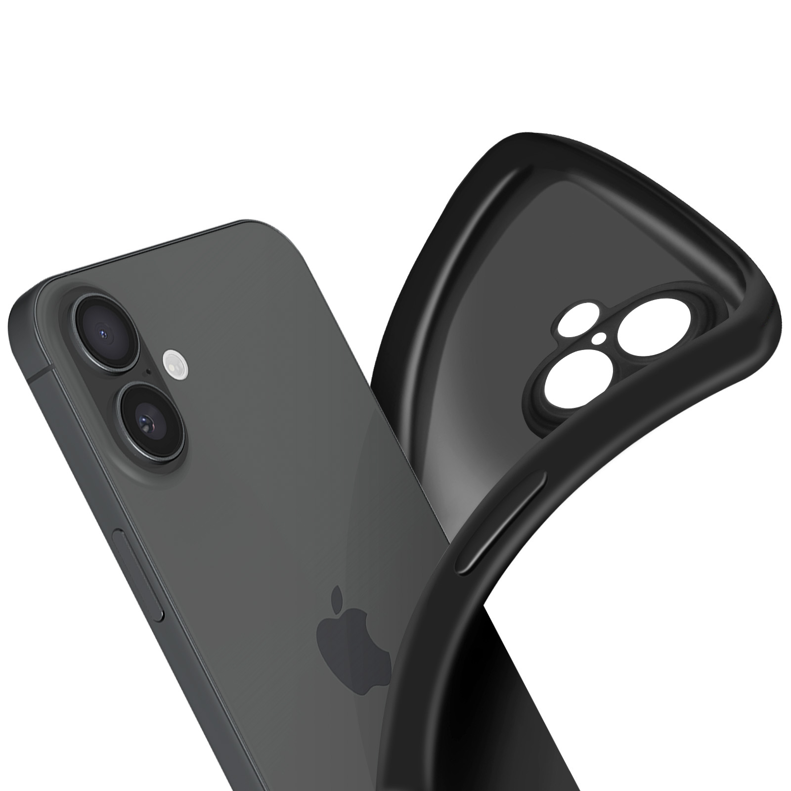 Telefono nero con doppia fotocamera, parzialmente coperto da una custodia nera, mostra il logo Apple.