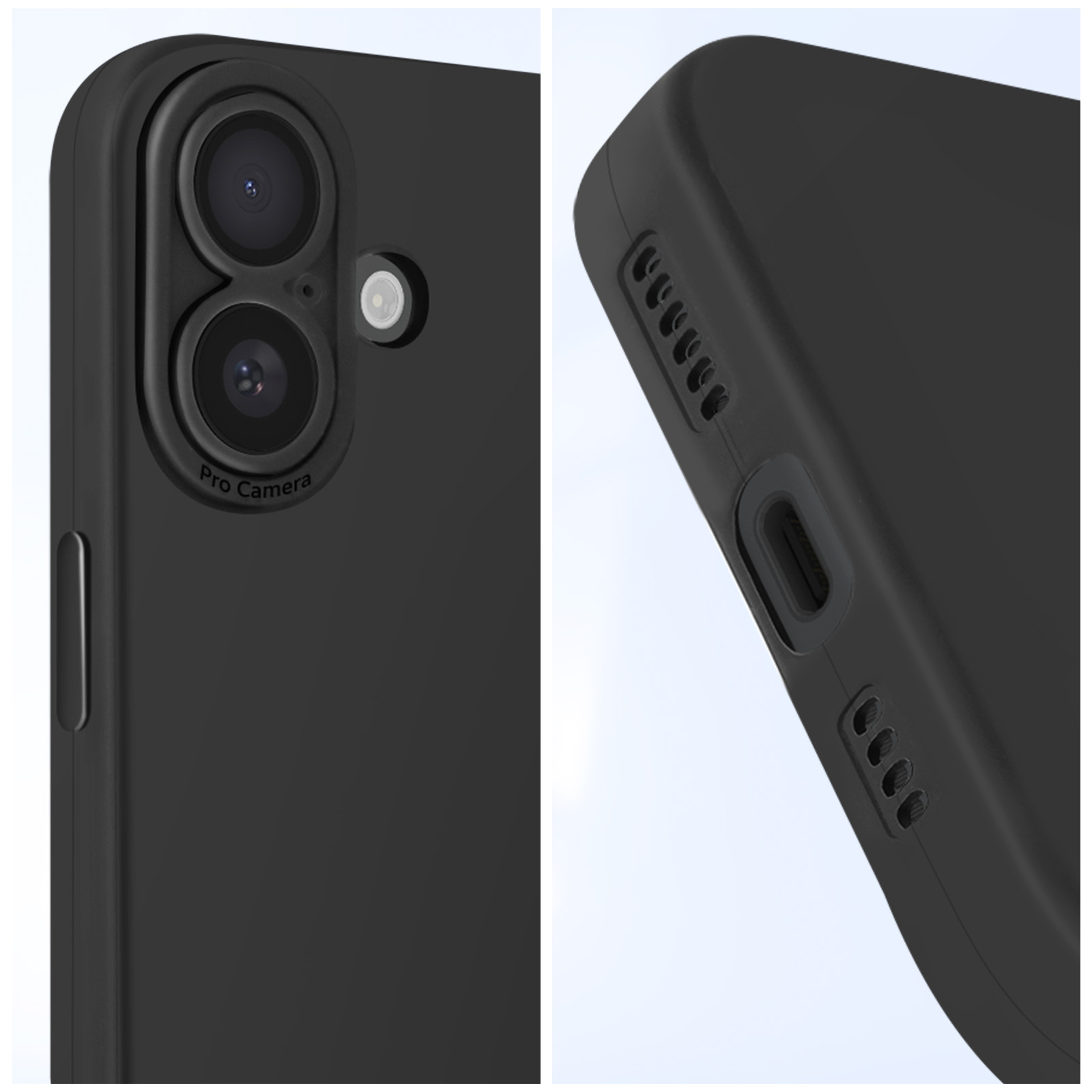 Due immagini di una custodia nera per telefono. Il telefono ha una configurazione a doppia fotocamera.