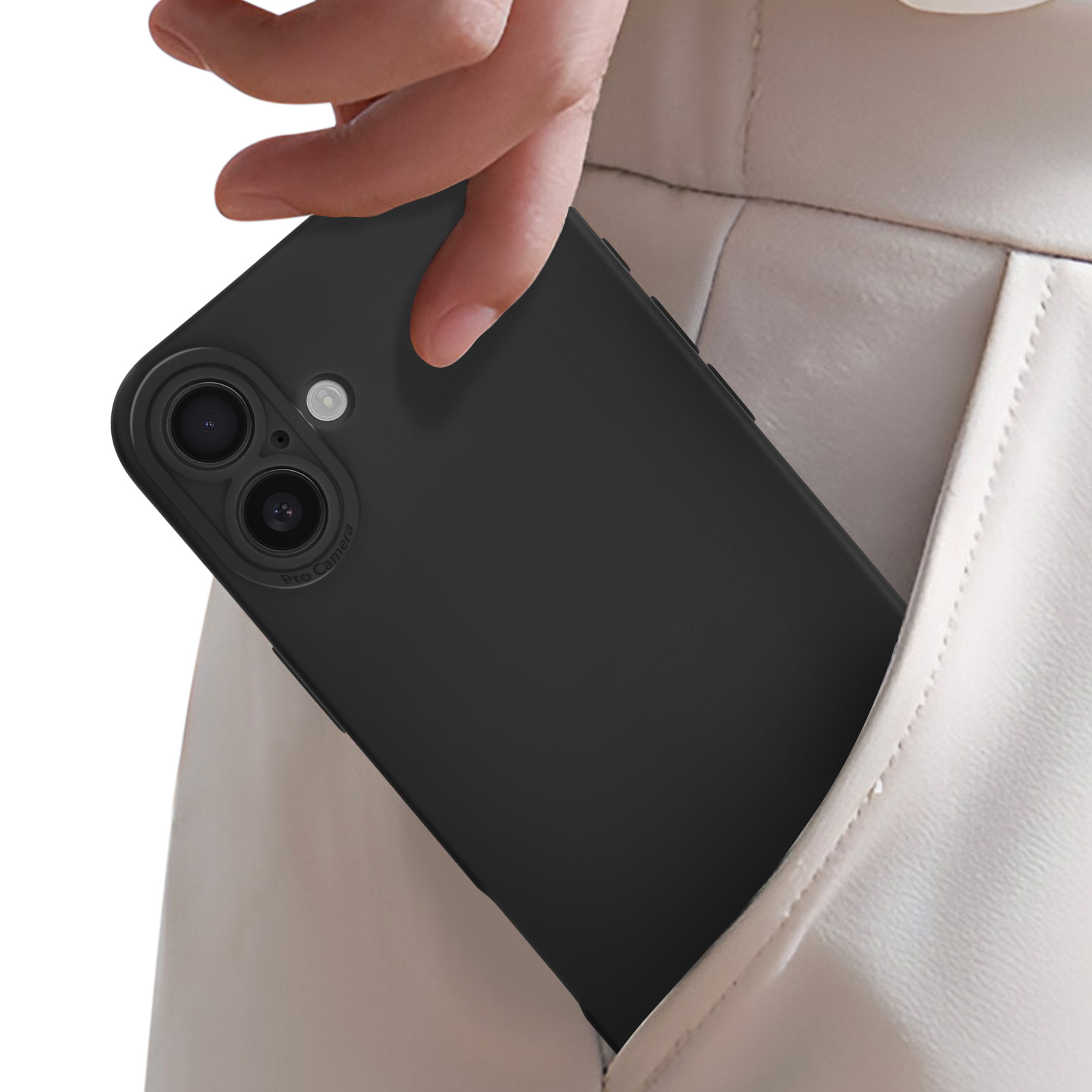 Custodia nera in tasca. Il telefono ha una configurazione a doppia fotocamera.
