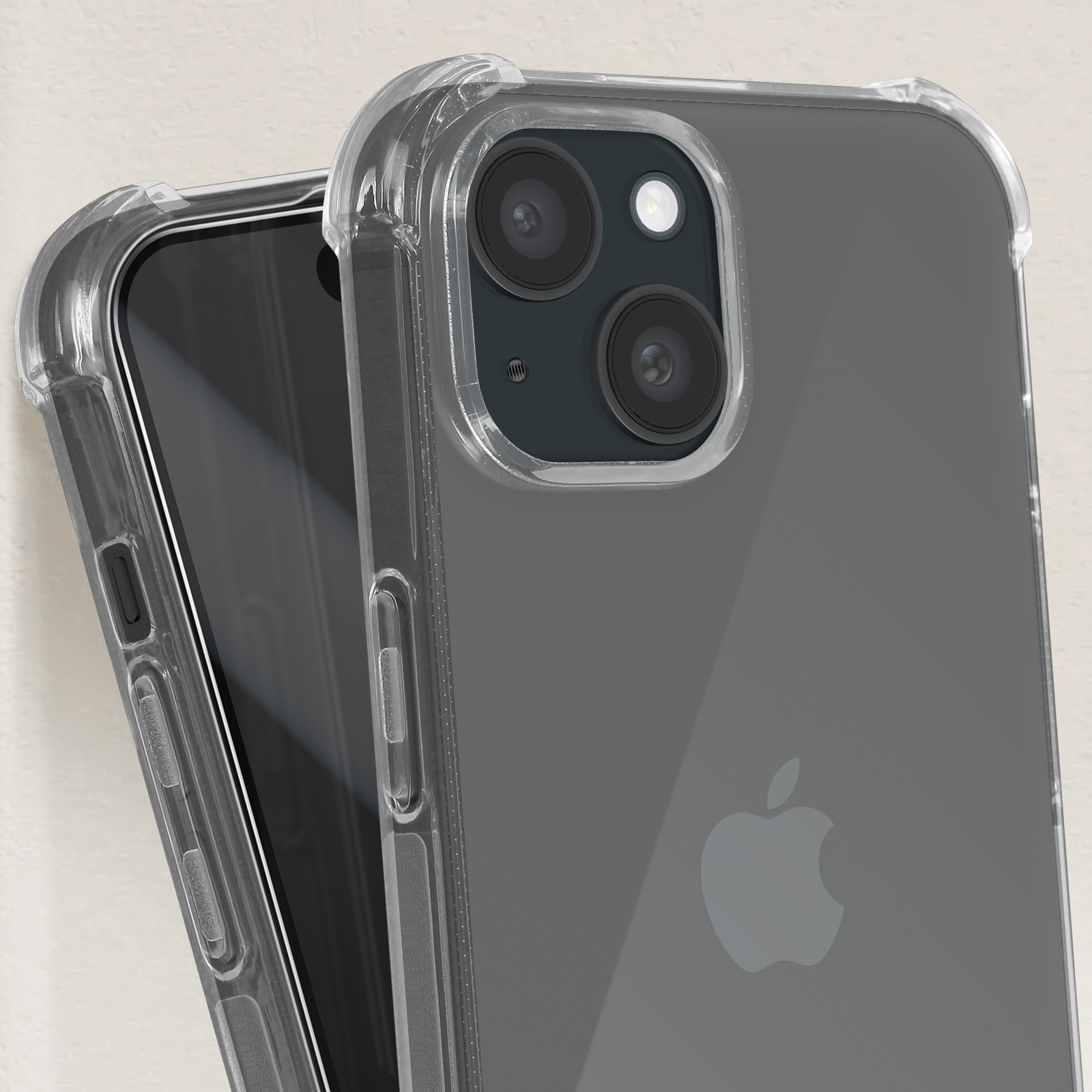 Custodia trasparente su telefono nero. Fotocamere visibili. Logo Apple.