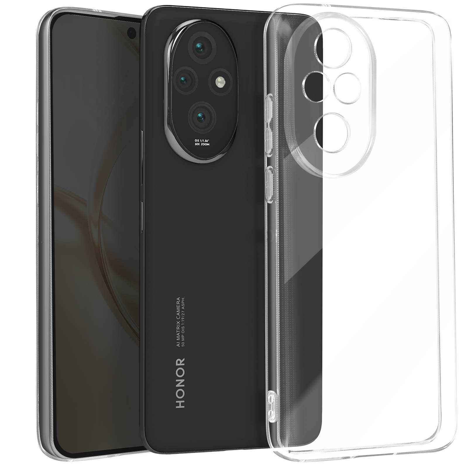 Telefono nero dentro custodia trasparente. Il telefono ha tre fotocamere.