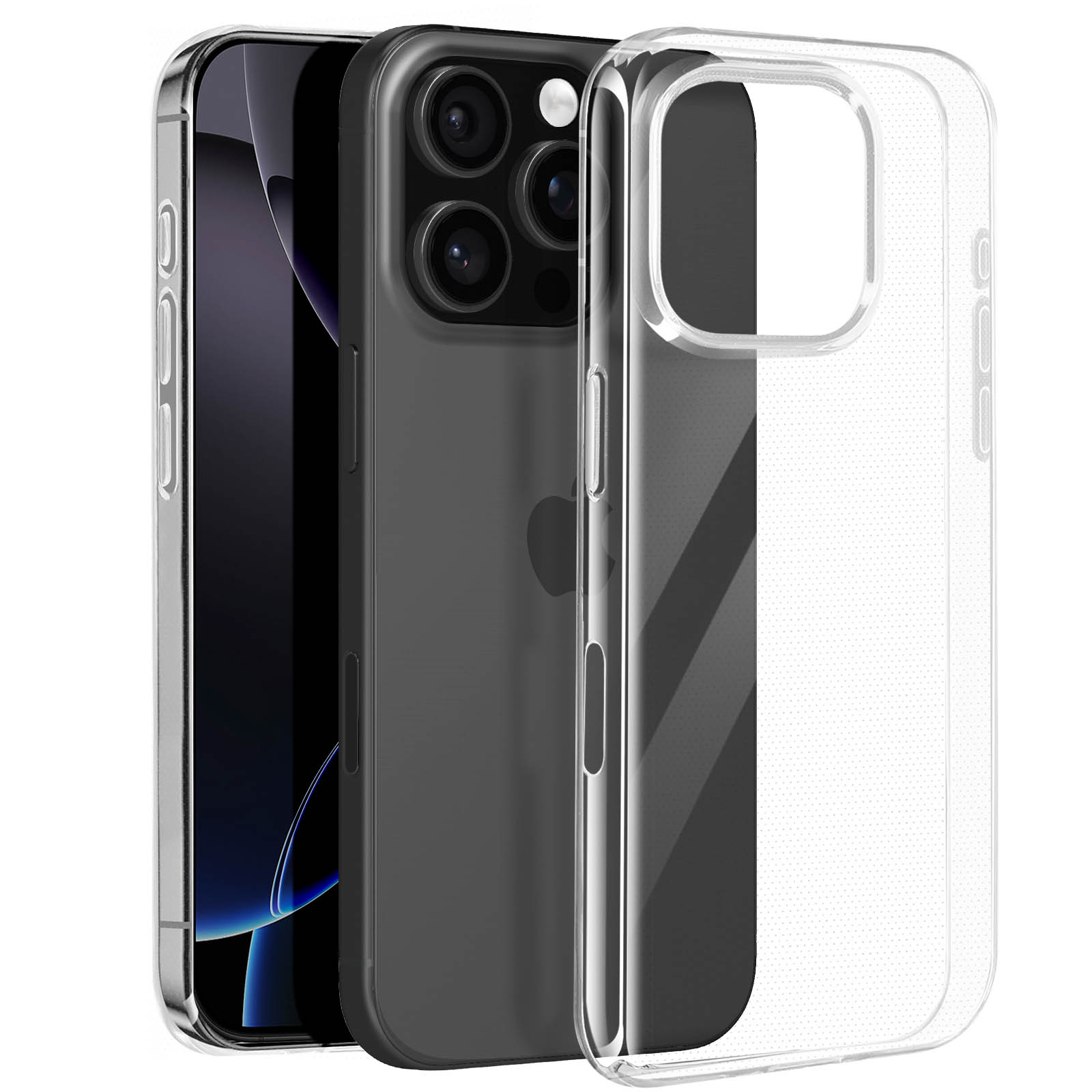 Telefono con custodia trasparente e un altro telefono. Fotocamere visibili. Logo Apple.