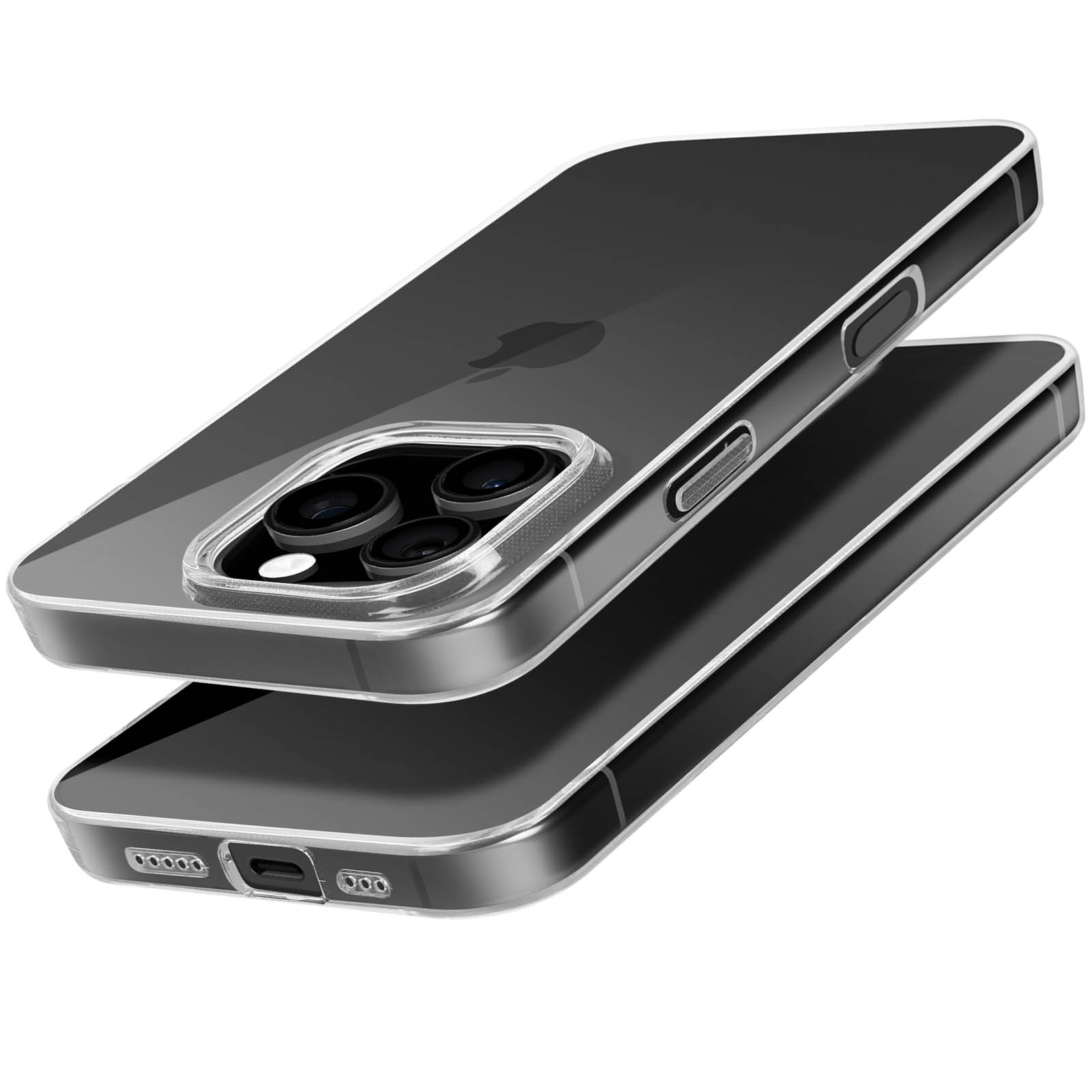 Due telefoni, uno sopra l'altro, in custodie trasparenti. Il telefono ha tre fotocamere.