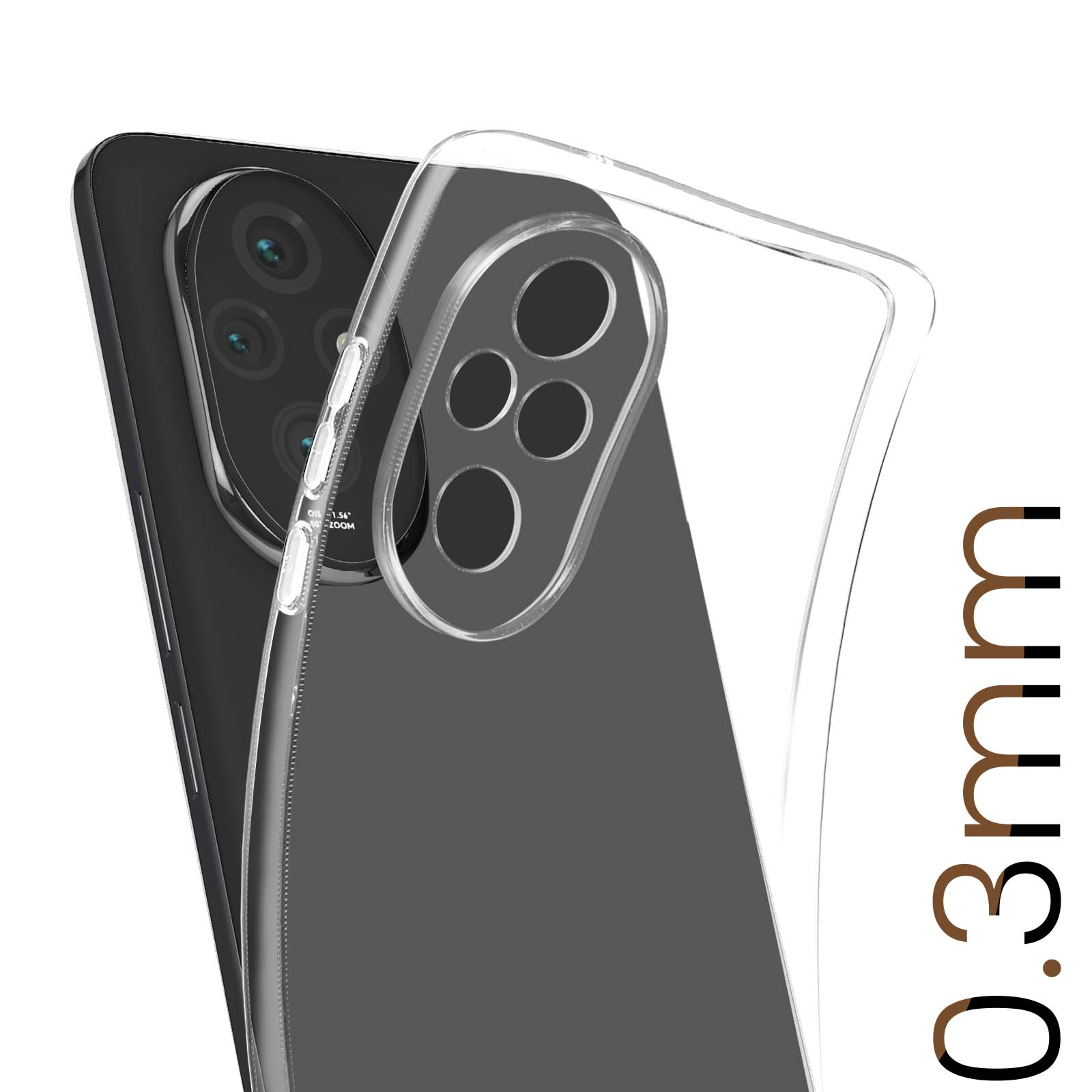 Telefono con custodia trasparente. Il testo "0,3 mm" è visibile.