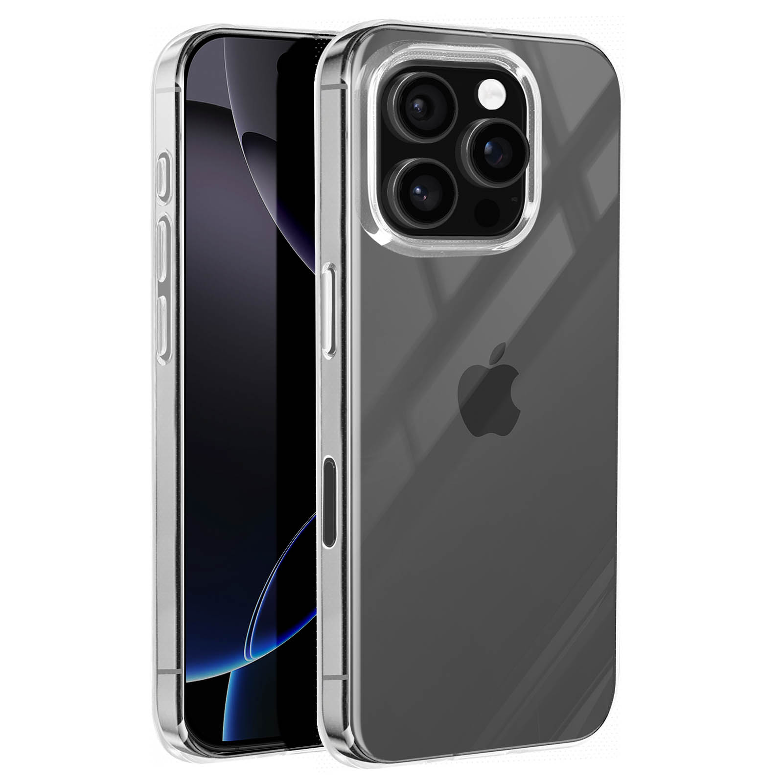 Telefono con custodia trasparente. Il telefono è nero e ha un logo Apple.