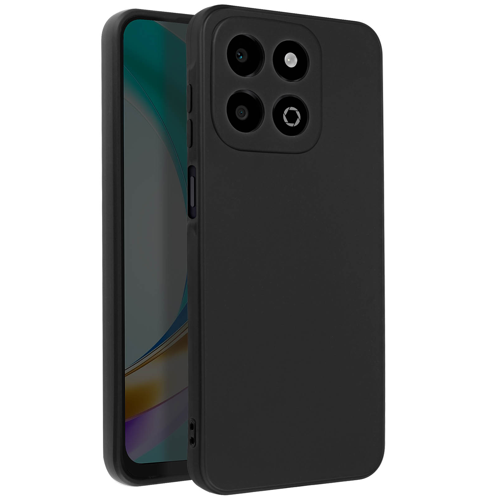 Schwarze Handyhülle. Vier Kameraausschnitte. Das Telefon ist schwarz.