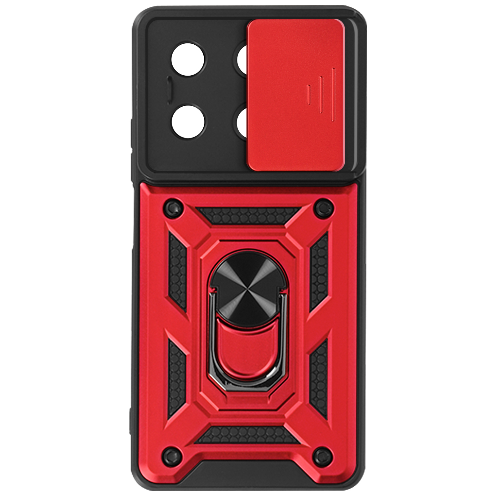 Custodia per telefono rossa e nera. La custodia ha un anello. Il telefono ha una copertura.