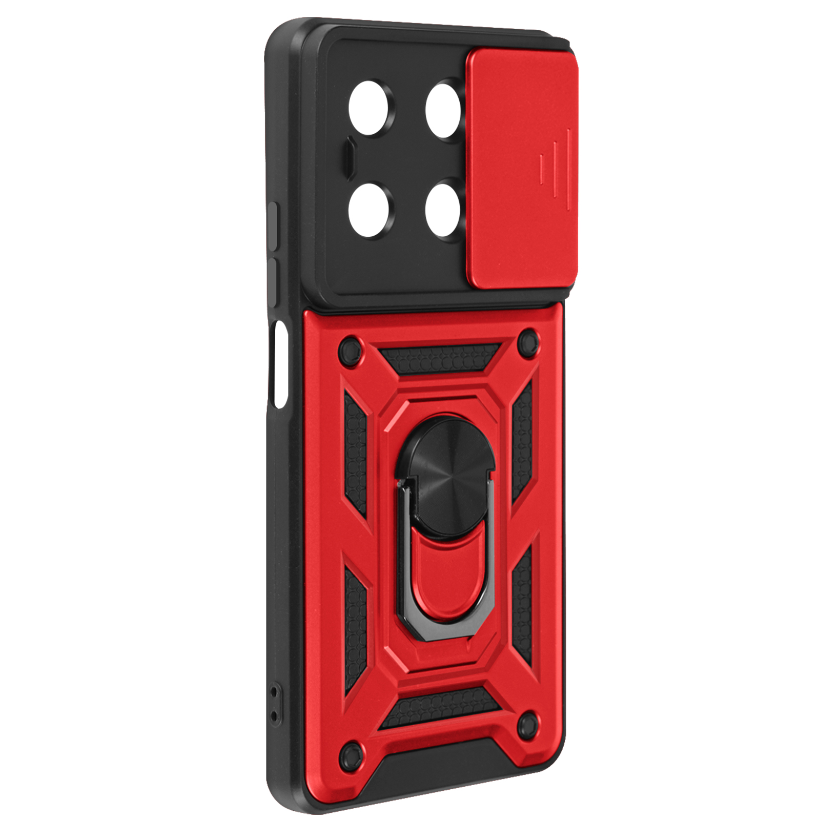 Custodia rossa e nera. Con anello e copertura fotocamera. Il telefono è nero.