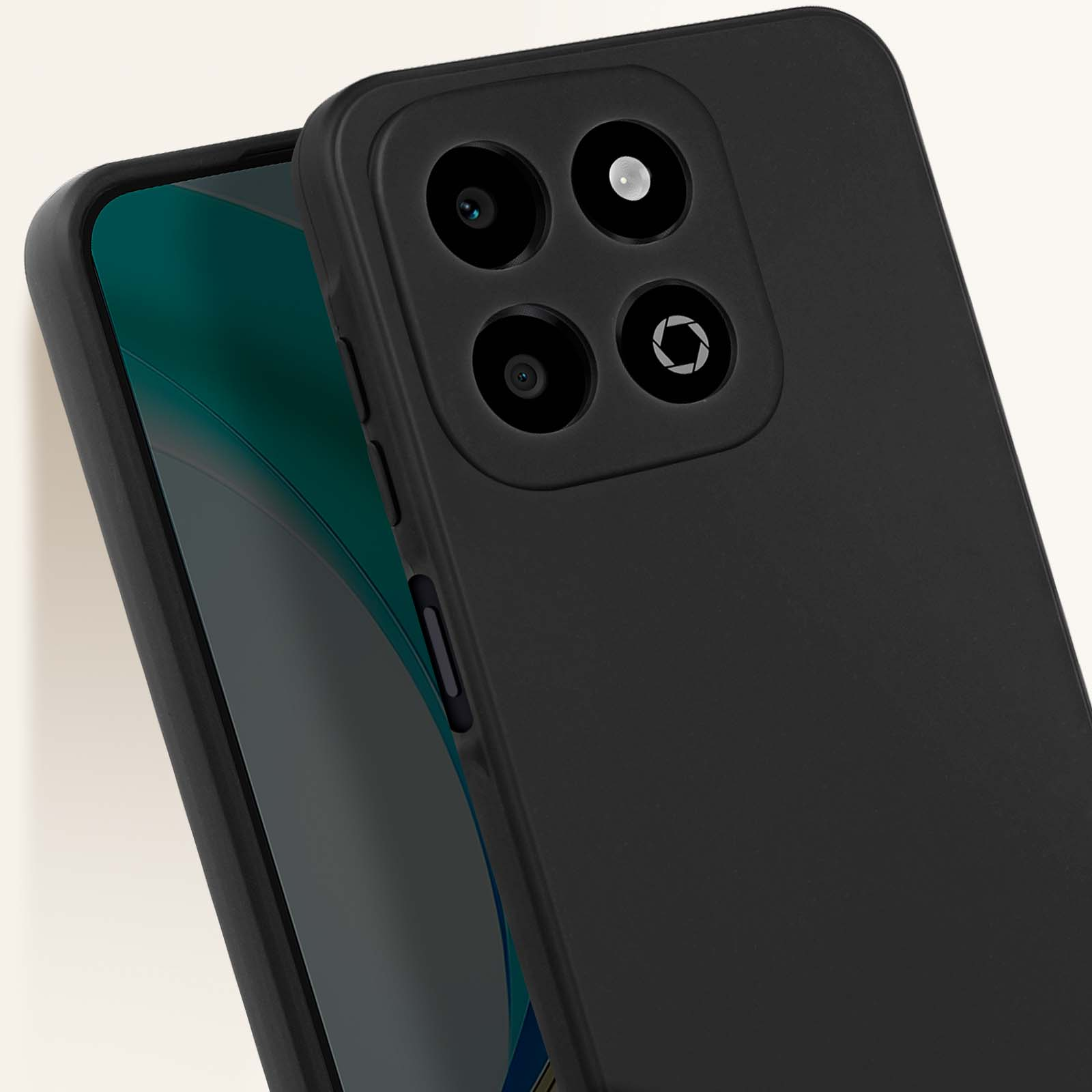 Schwarzes Telefon. Vier Kameras in einem Quadrat. Schwarzer Rahmen.