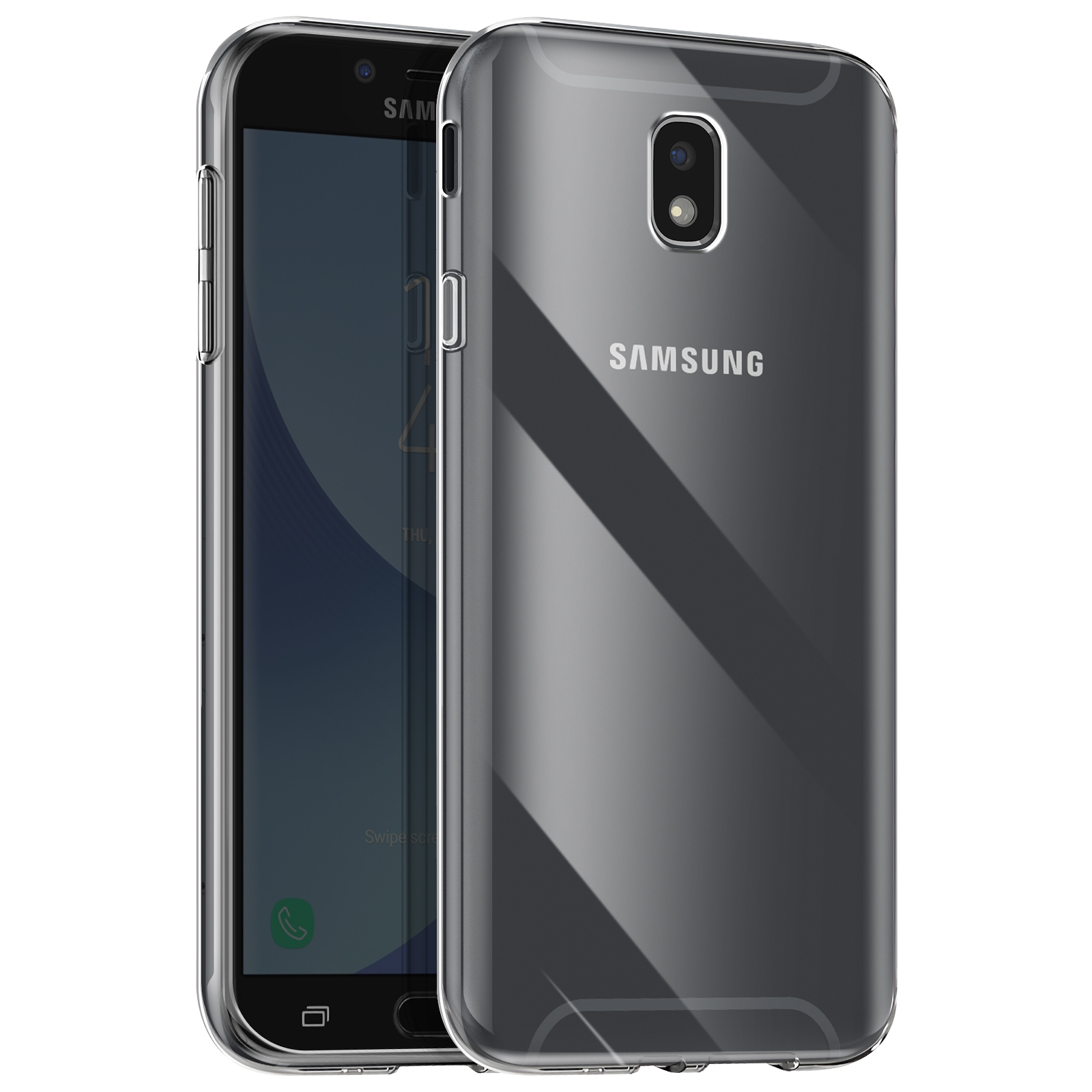 Teléfono Samsung en una funda transparente, mostrando la pantalla y la parte trasera.