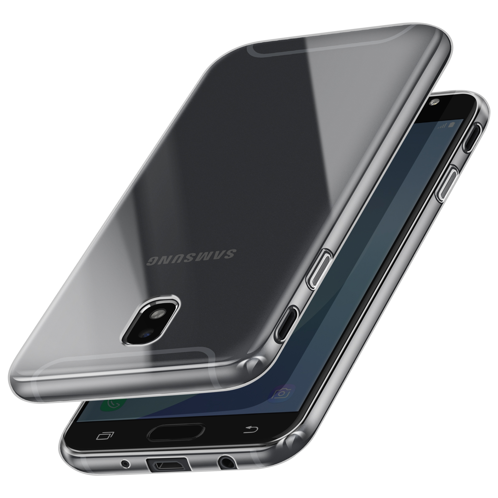 Teléfono Samsung en una funda transparente, pantalla y parte trasera visibles.