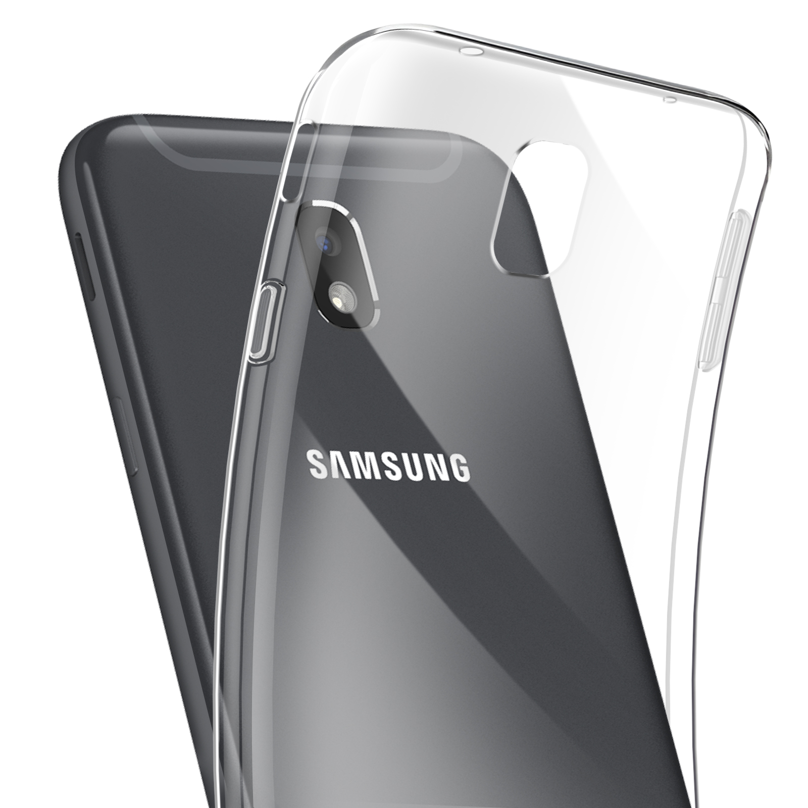Funda transparente sobre un teléfono Samsung. El teléfono está en el fondo.