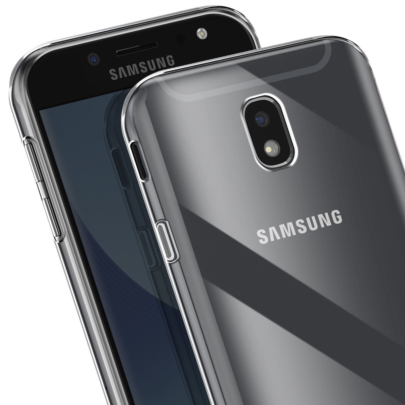 Primer plano de un teléfono Samsung con una funda transparente.