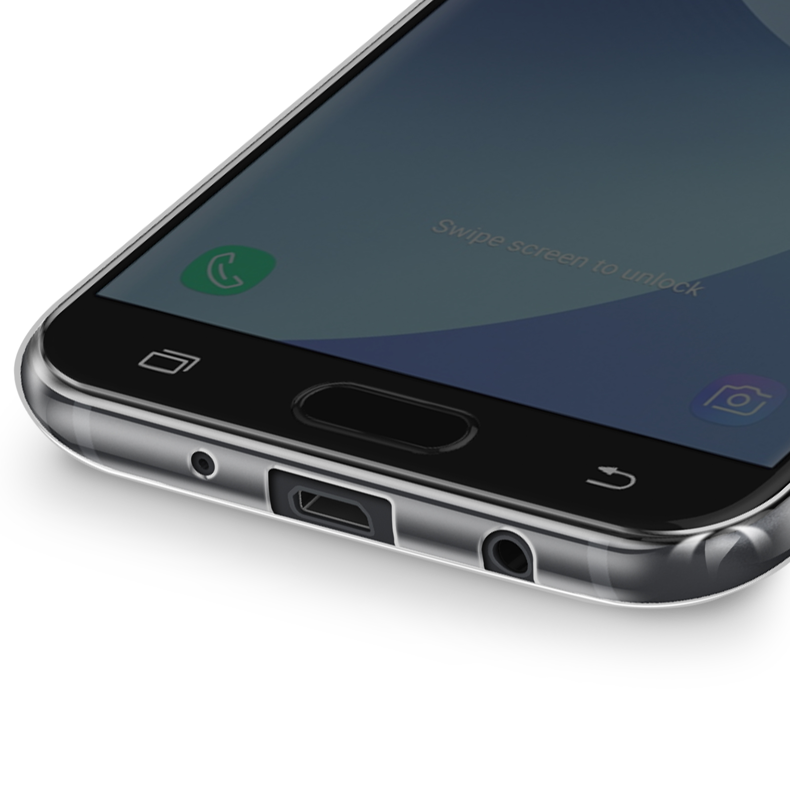Primer plano de un teléfono en una funda transparente. La pantalla muestra la pantalla de bloqueo.