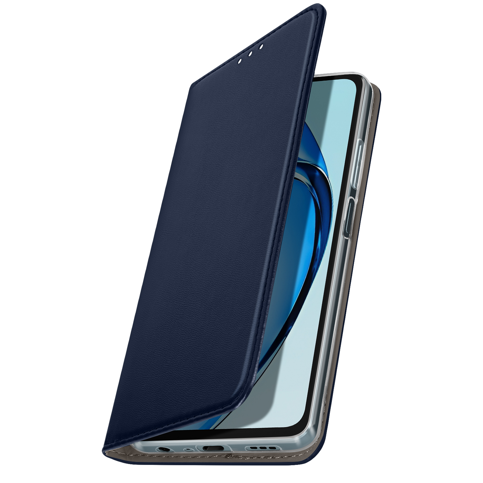 Una custodia blu per telefono è mostrata parzialmente aperta, rivelando lo schermo del telefono. La custodia è simile alla pelle.