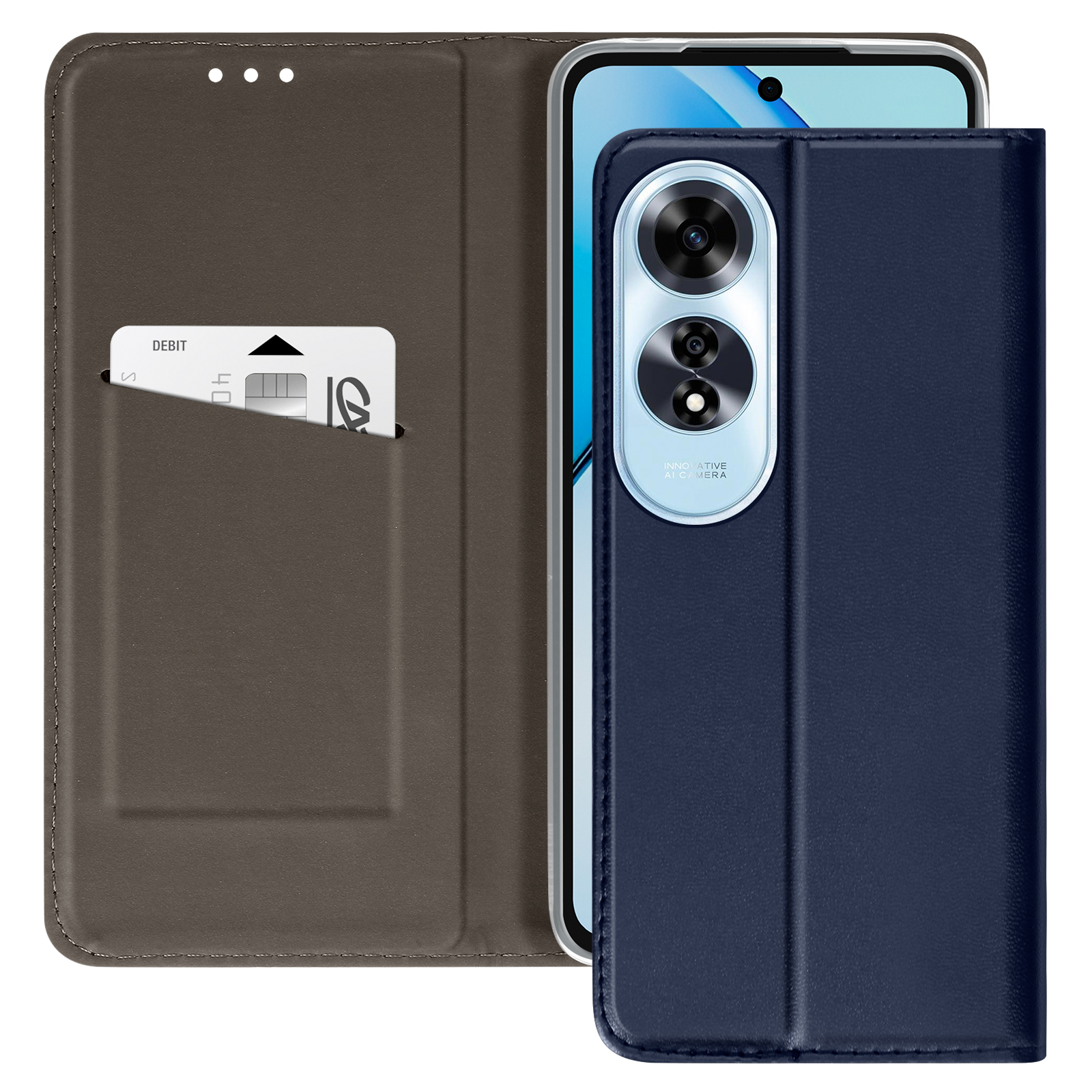 Un telefono in una custodia blu, con fessura per carte, è mostrato aperto. Una carta di credito è nella fessura.