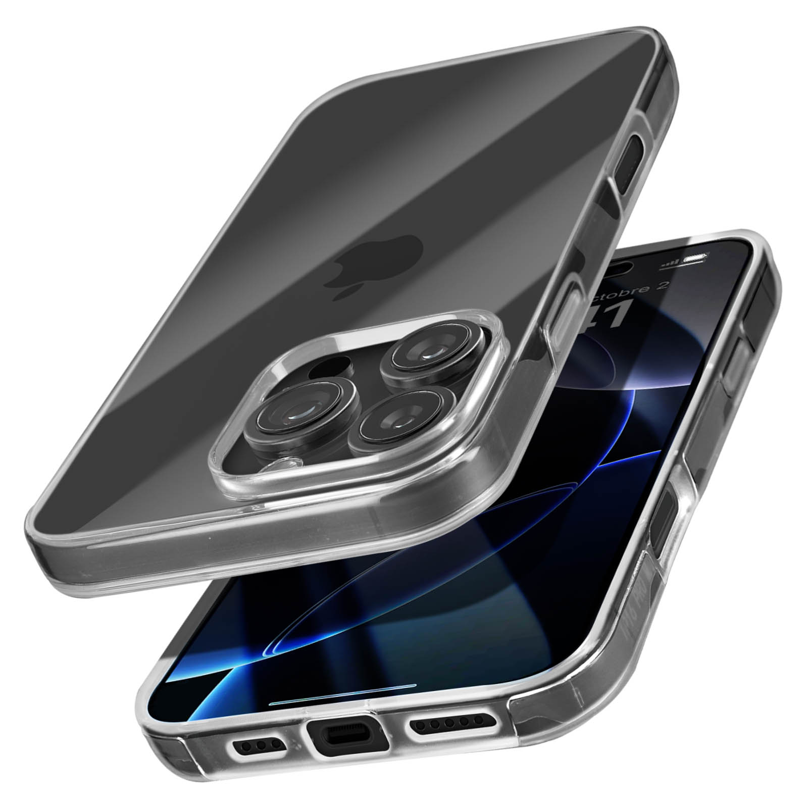 Una custodia trasparente per telefono viene mostrata con un telefono all'interno. La custodia copre la fotocamera del telefono.