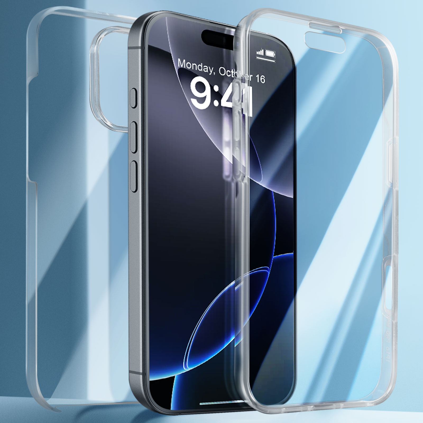 Custodia trasparente con telefono all'interno. Il telefono mostra data e ora. Sfondo blu.