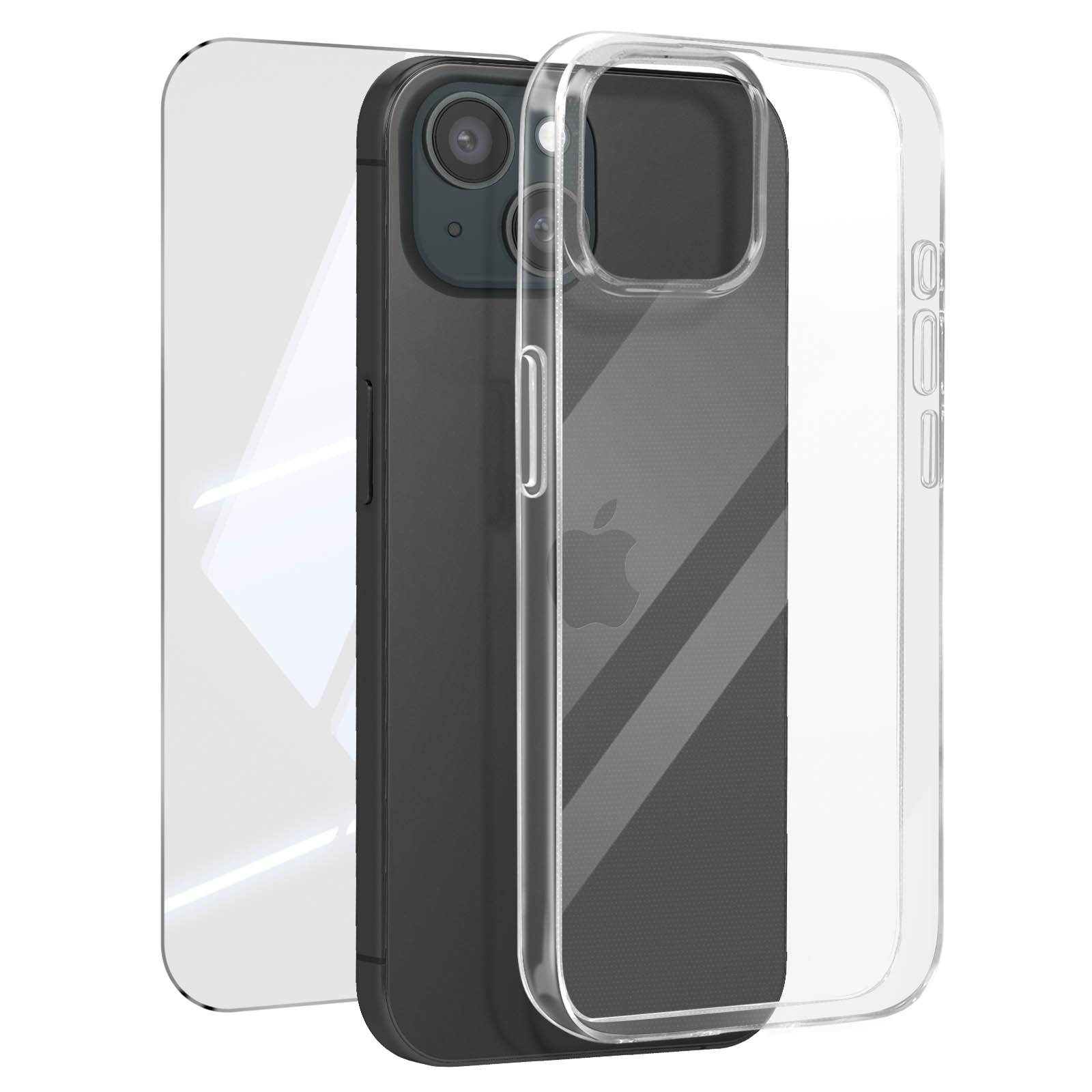 Telefono con custodia trasparente e protezione schermo. Telefono nero con logo Apple. Custodia trasparente.