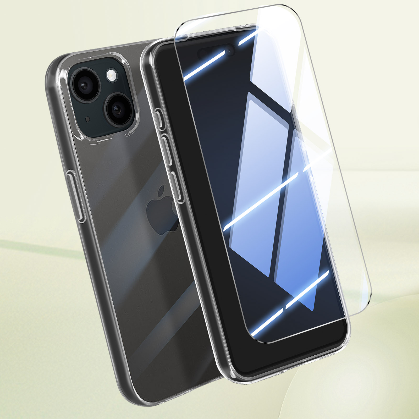 Due custodie trasparenti per telefono, una con telefono e un proteggi schermo. Lo sfondo è verde chiaro.