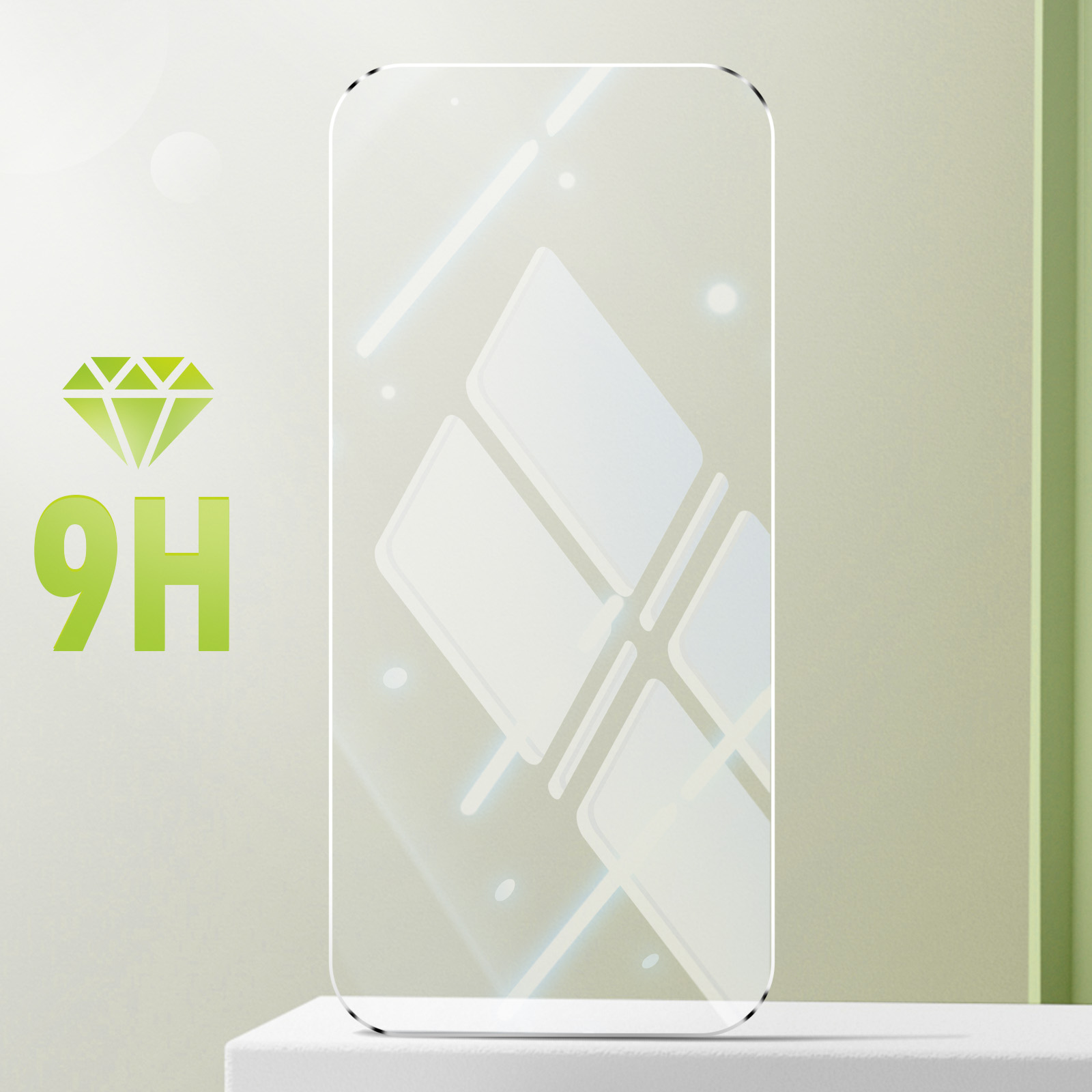 Un proteggi schermo con un diamante e il testo '9H'. Lo sfondo è bianco e verde.