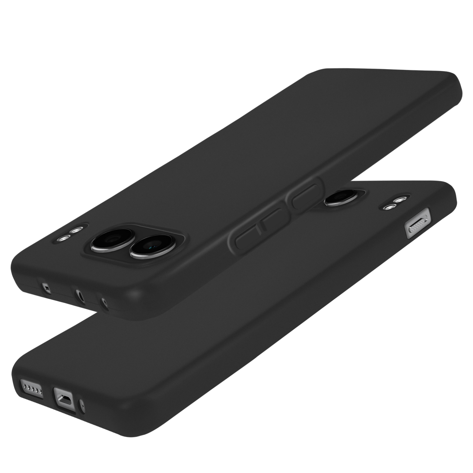 Due telefoni neri, con una custodia nera. La fotocamera e i pulsanti di accensione sono visibili.