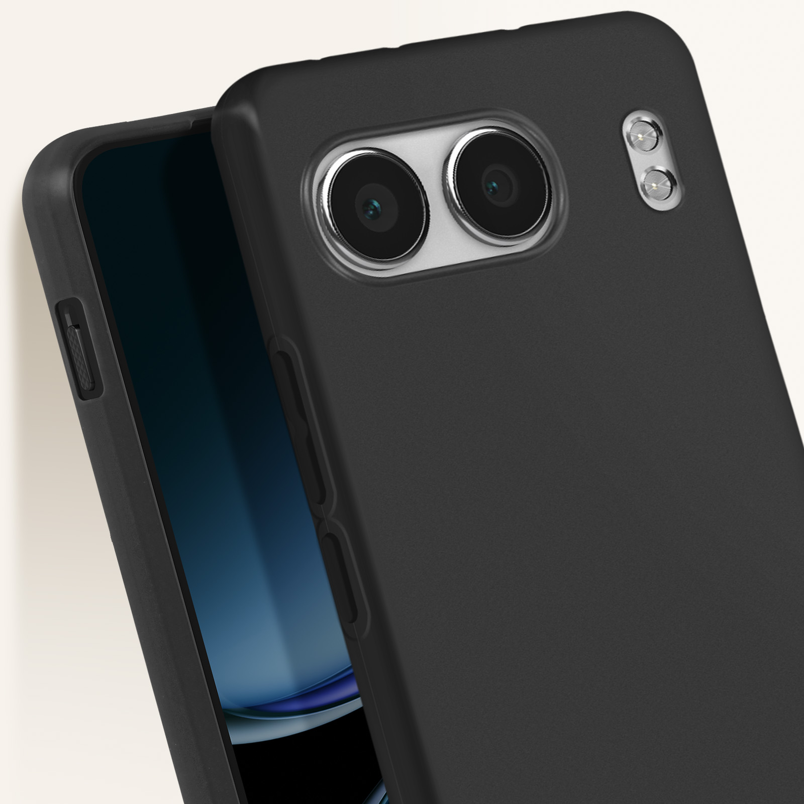 Una custodia nera con un telefono all'interno. Il telefono ha due fotocamere.