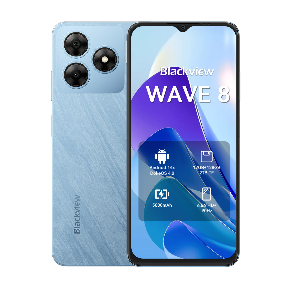 Blaues Smartphone mit dem Modell Blackview Wave 8. Text auf dem Bildschirm.