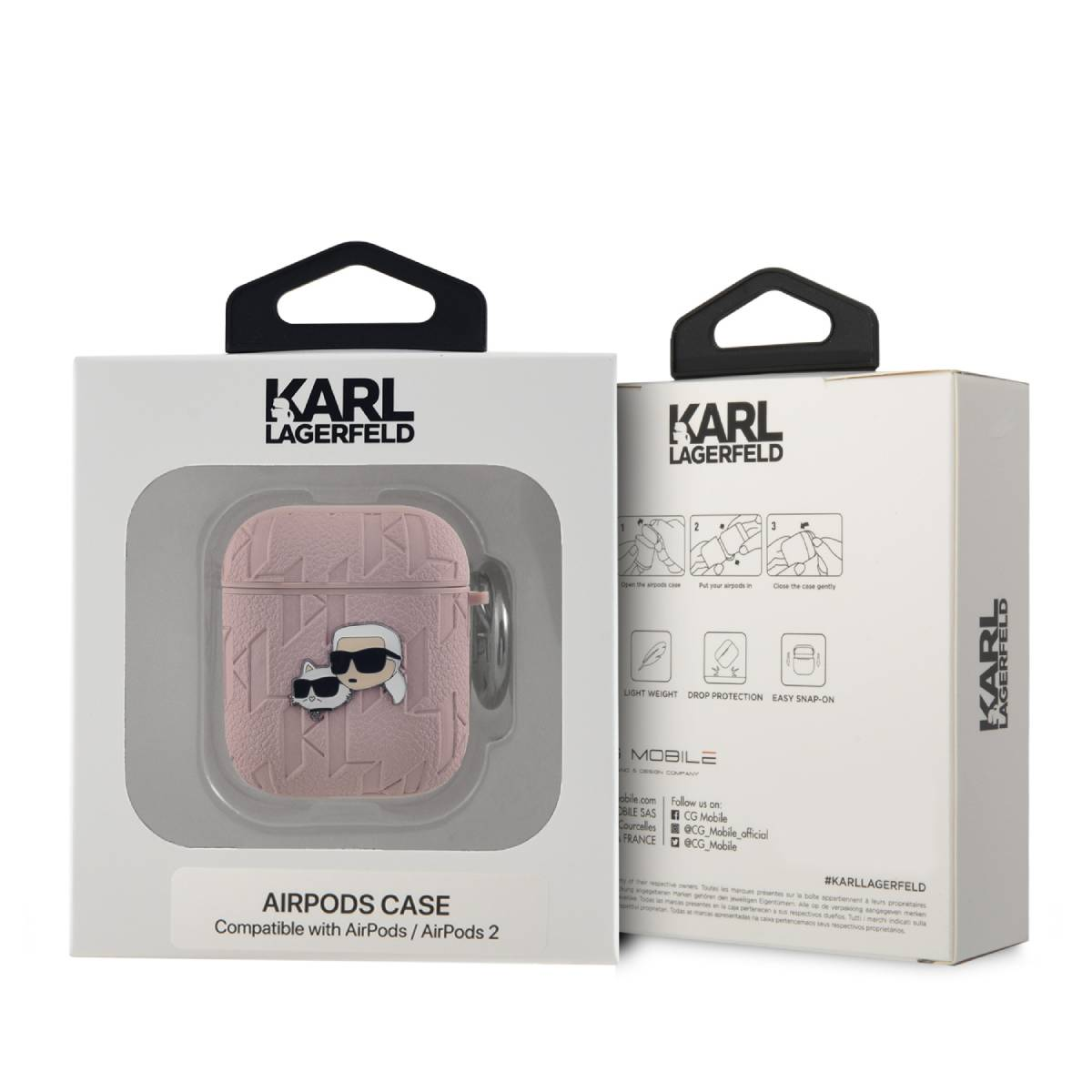 Custodia rosa Karl Lagerfeld per AirPods in scatola. Include il marchio e un personaggio dei cartoni animati.