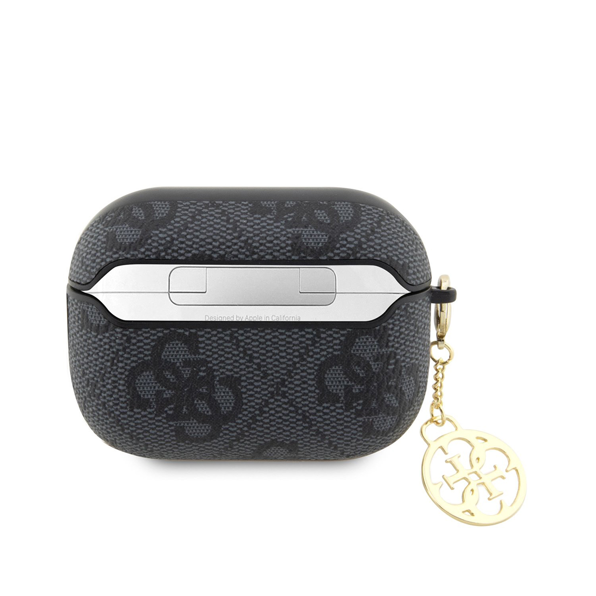 Una funda Guess para AirPods negra y gris con el logo y dije dorado de Guess.