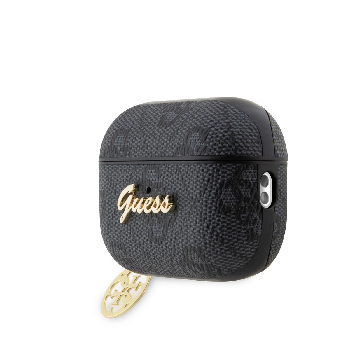 Una funda Guess para AirPods negra y gris con el logo y un dije dorado de Guess.