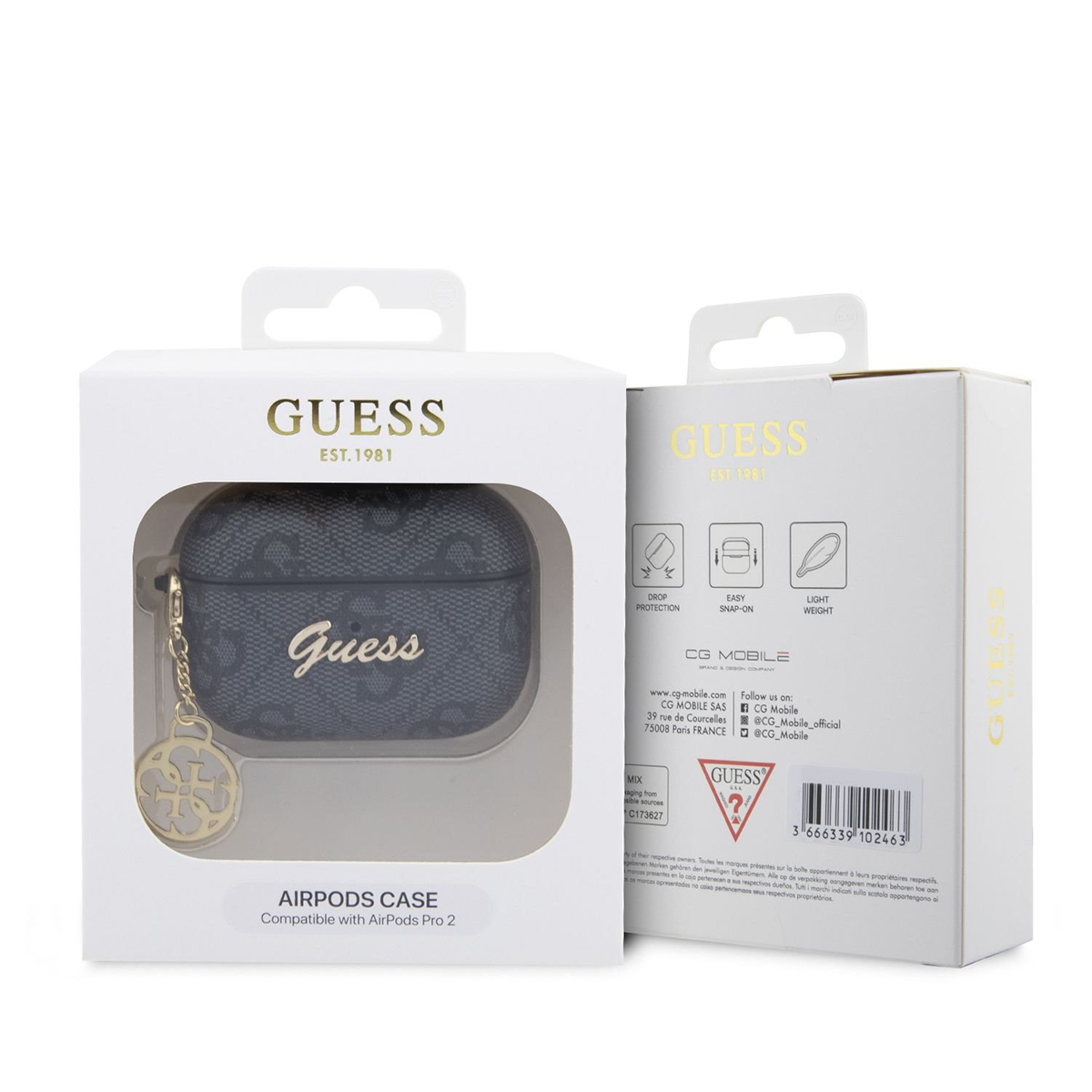 Funda Guess AirPods Pro 2 en caja. La funda es azul oscuro con logo y dije dorado.