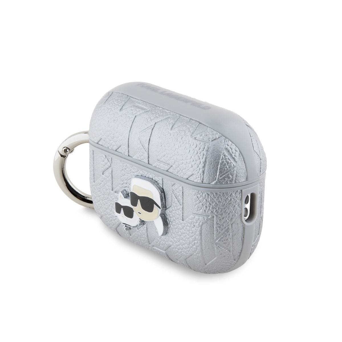 Funda Karl Lagerfeld AirPods. La funda es gris con el logo y el diseño de gafas de sol de la marca.