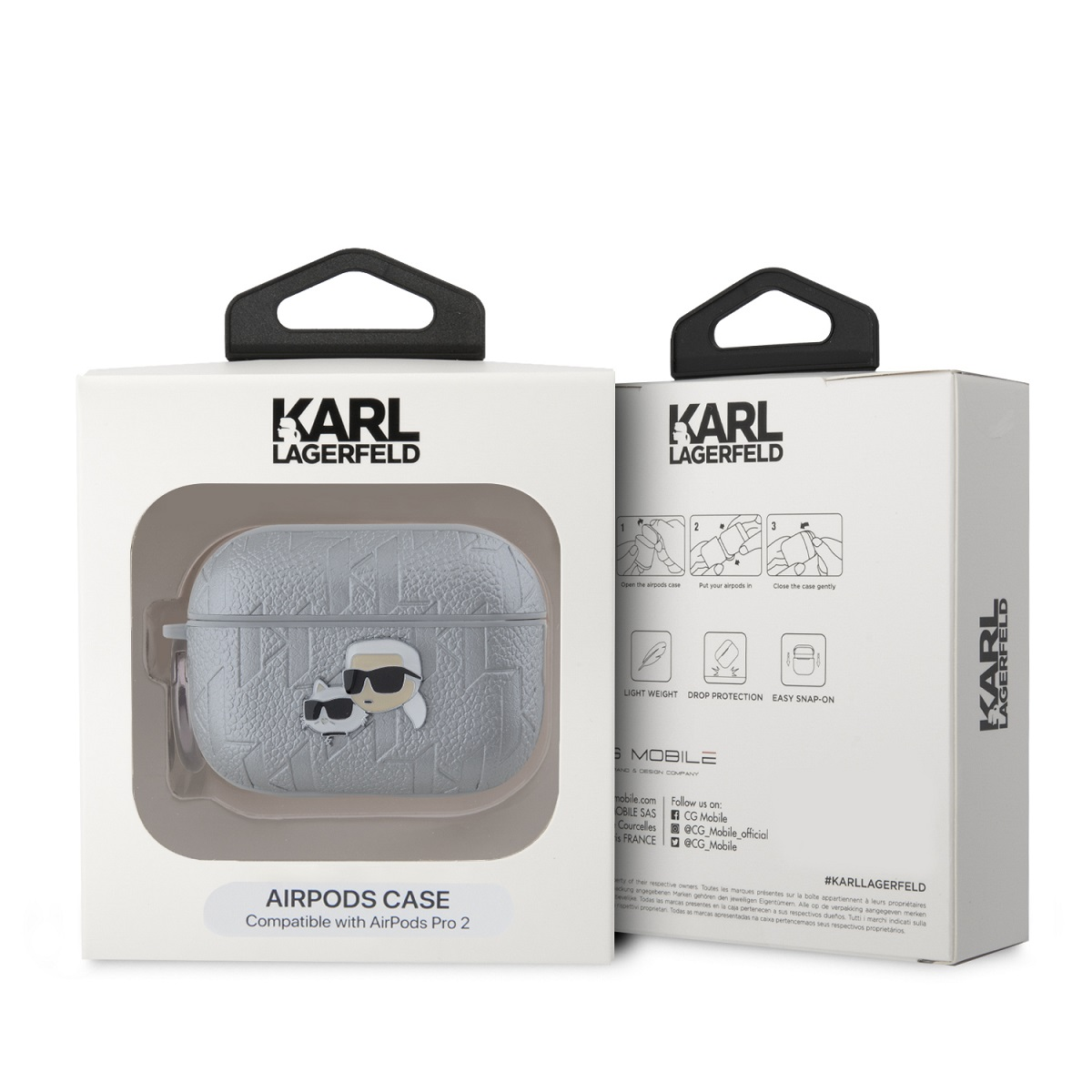 Funda Karl Lagerfeld AirPods. La funda es gris con el logo y el diseño de gafas de sol de la marca.