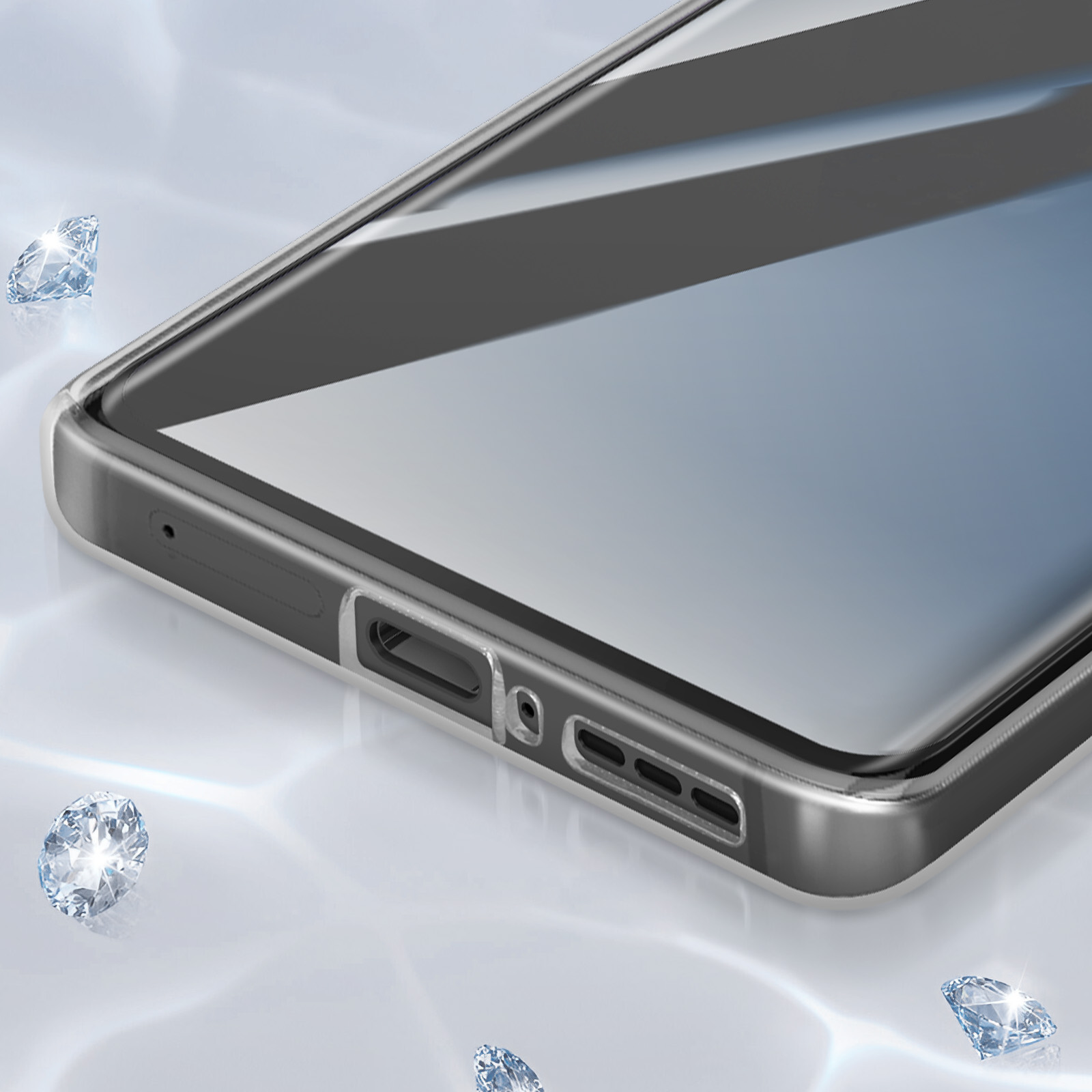 Telefon mit transparenter Hülle. Diamanten funkeln im Hintergrund und an der Seite des Telefons.