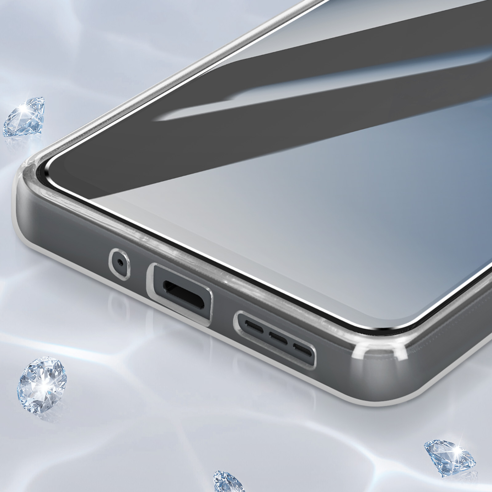 Primo piano di un telefono con una custodia trasparente. I diamanti circondano il telefono.