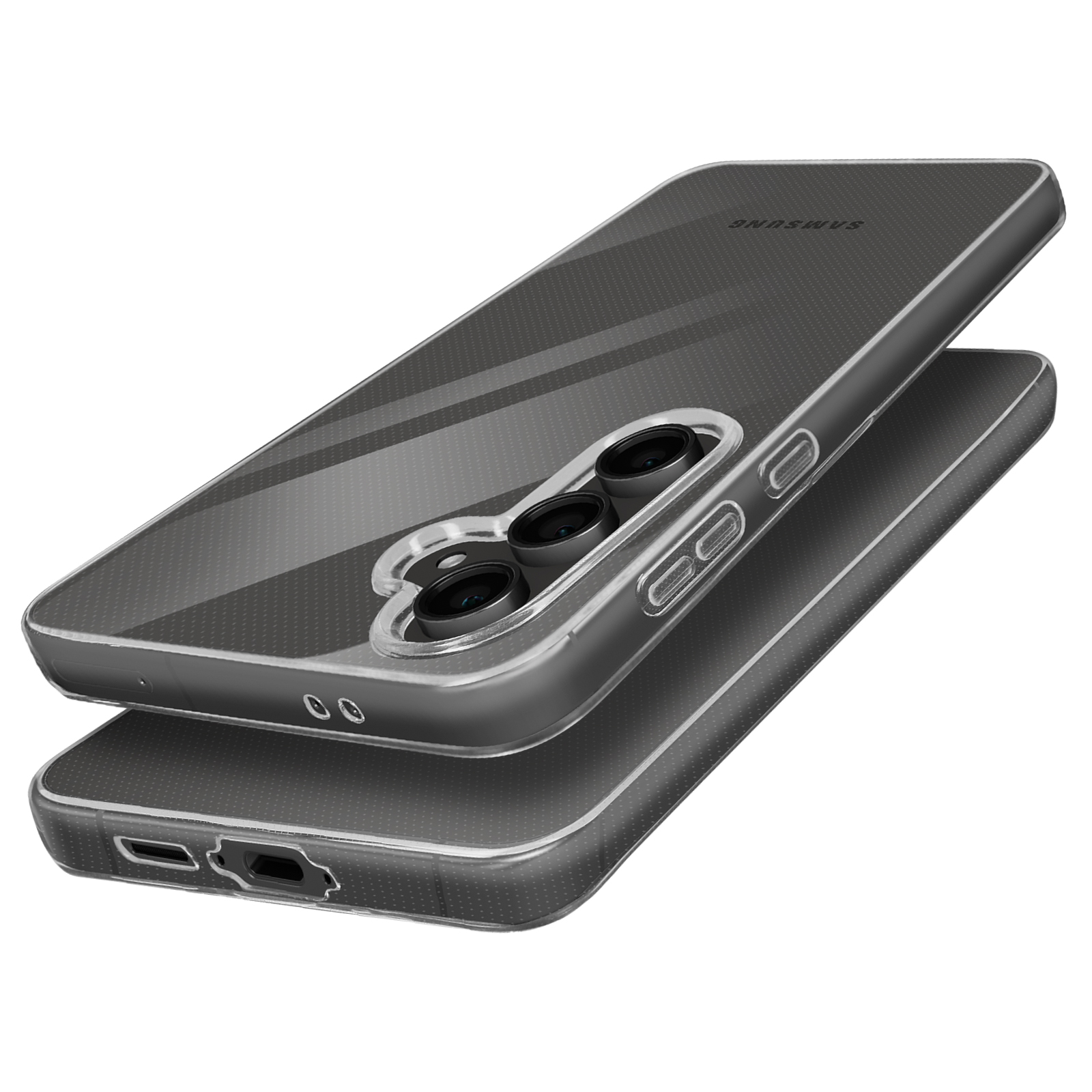 Custodia trasparente, telefono nero dentro. Logo Samsung visibile. Motivo a punti sulla custodia.