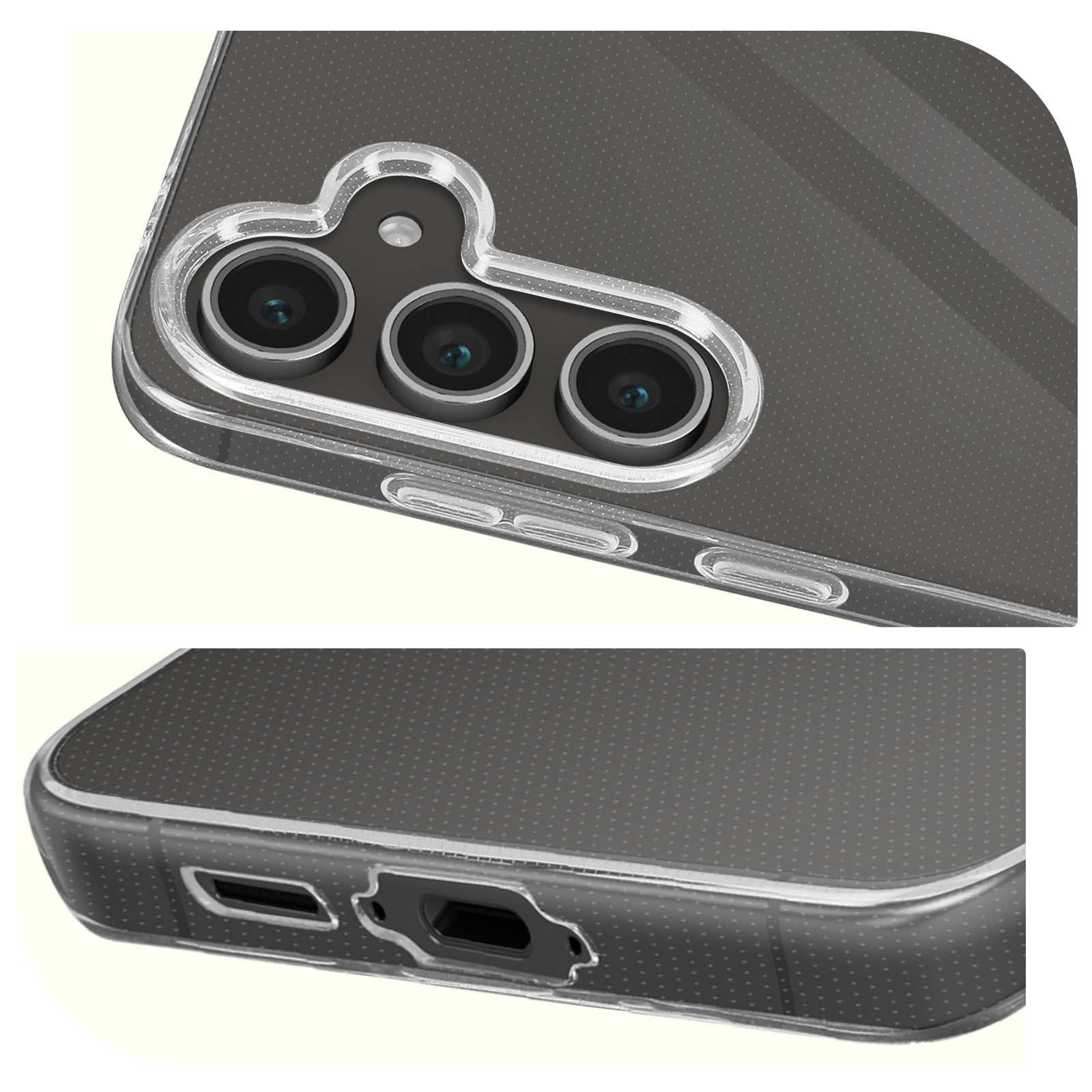 Primo piano della custodia con tripla fotocamera. Custodia nera con motivo a punti. Porta USB-C.