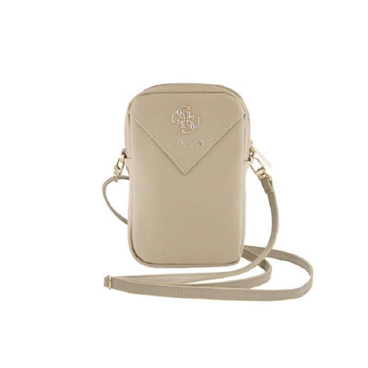 Borsa per telefono Guess color cachi con tracolla. Logo sulla patta. Sfondo bianco.