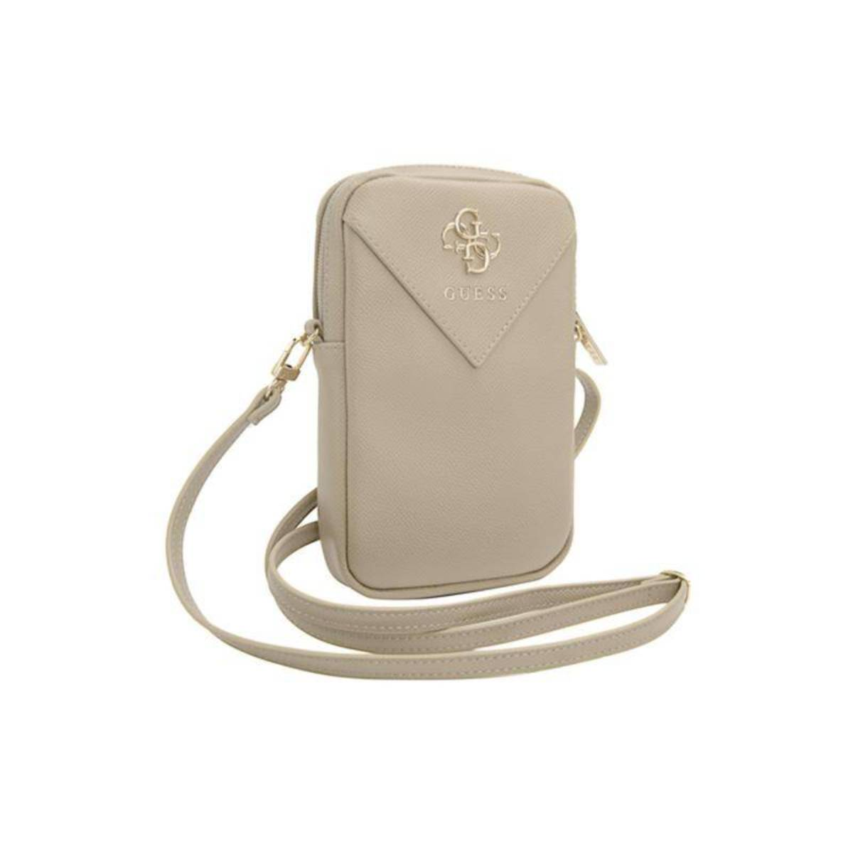 Borsa per telefono Guess color cachi con tracolla. Logo sulla patta. Sfondo bianco.