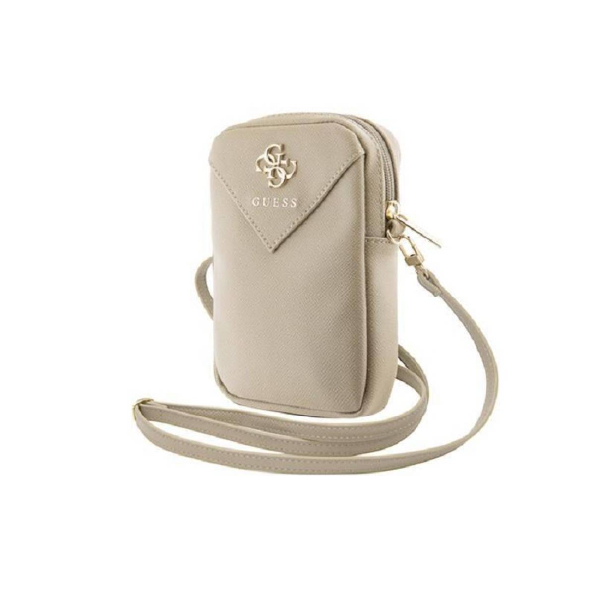 Borsa per telefono Guess color cachi con tracolla. Logo sul davanti. Sfondo bianco.