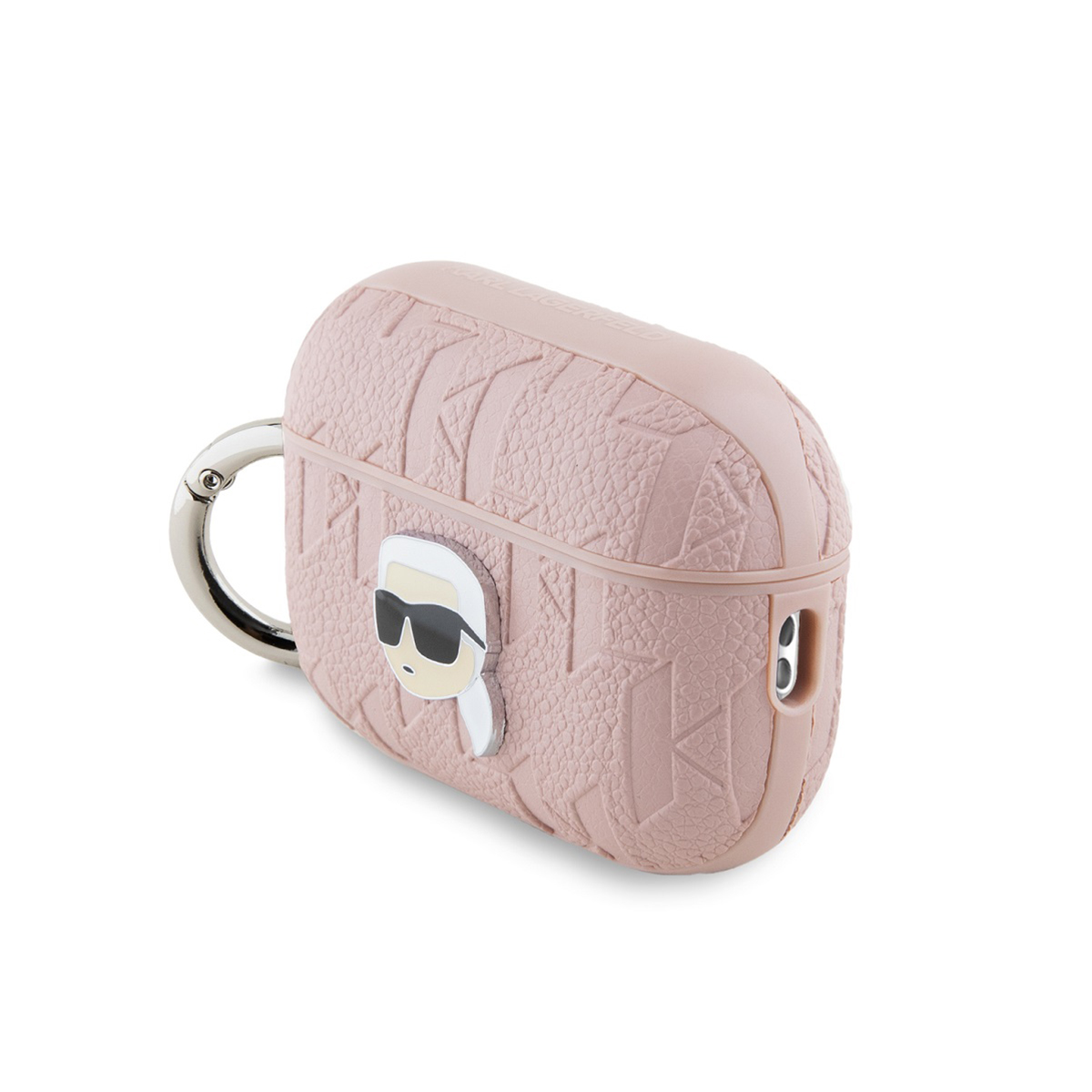Funda rosa Karl Lagerfeld Airpods con anillo plateado y la cara de Karl. Fondo blanco.