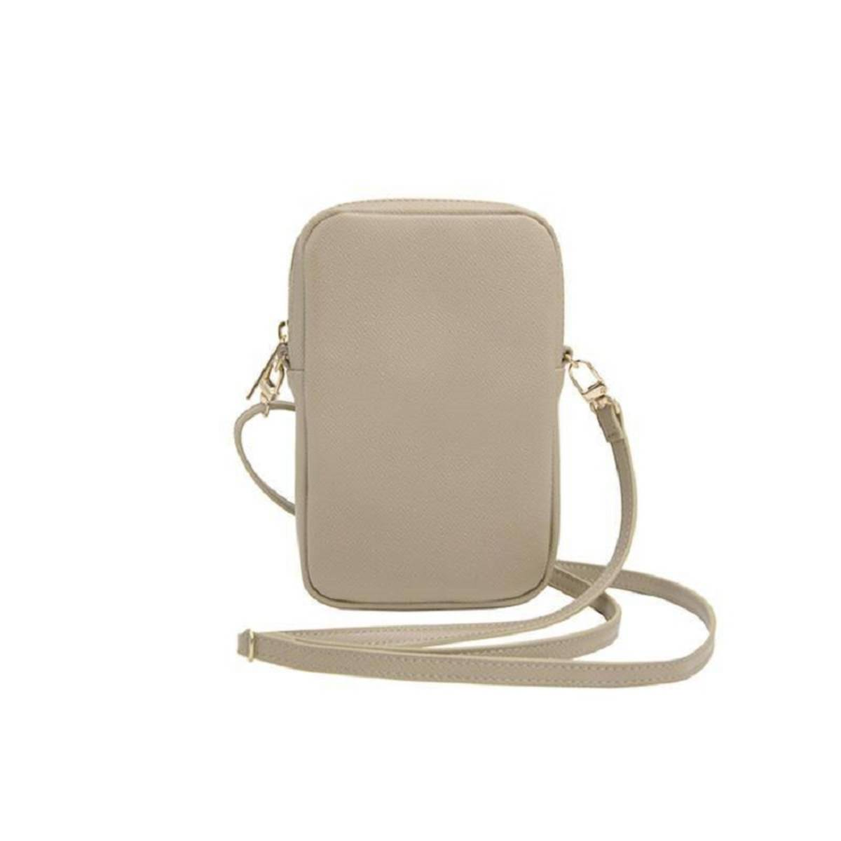Una borsa per telefono beige con una tracolla, vista su sfondo bianco.