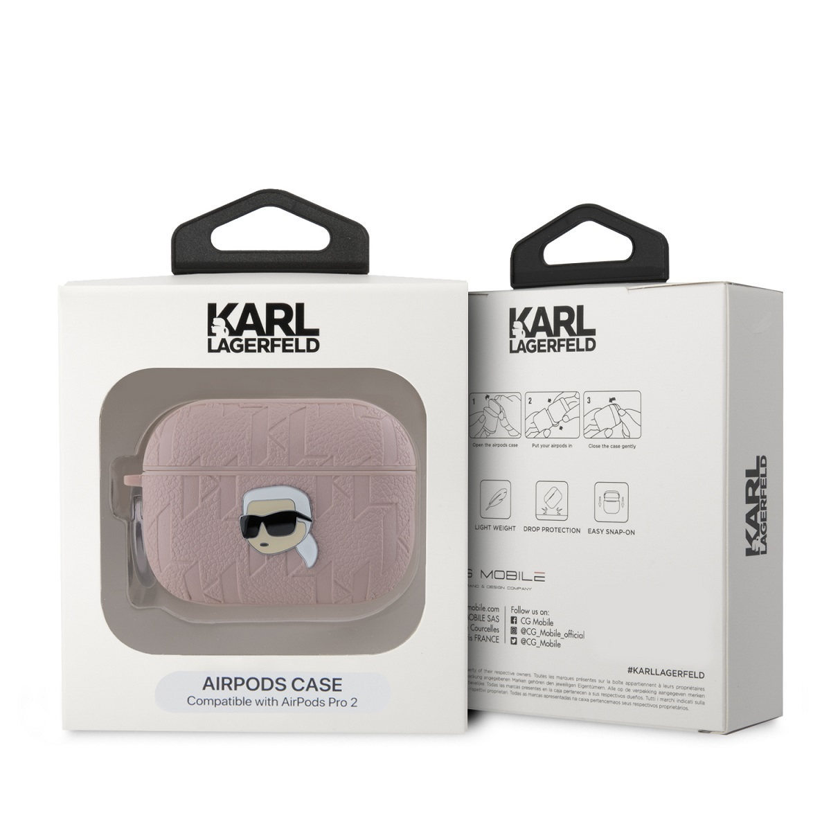 Funda Karl Lagerfeld Airpods en una caja blanca. La funda tiene la cara de Karl en la parte delantera, fondo blanco.