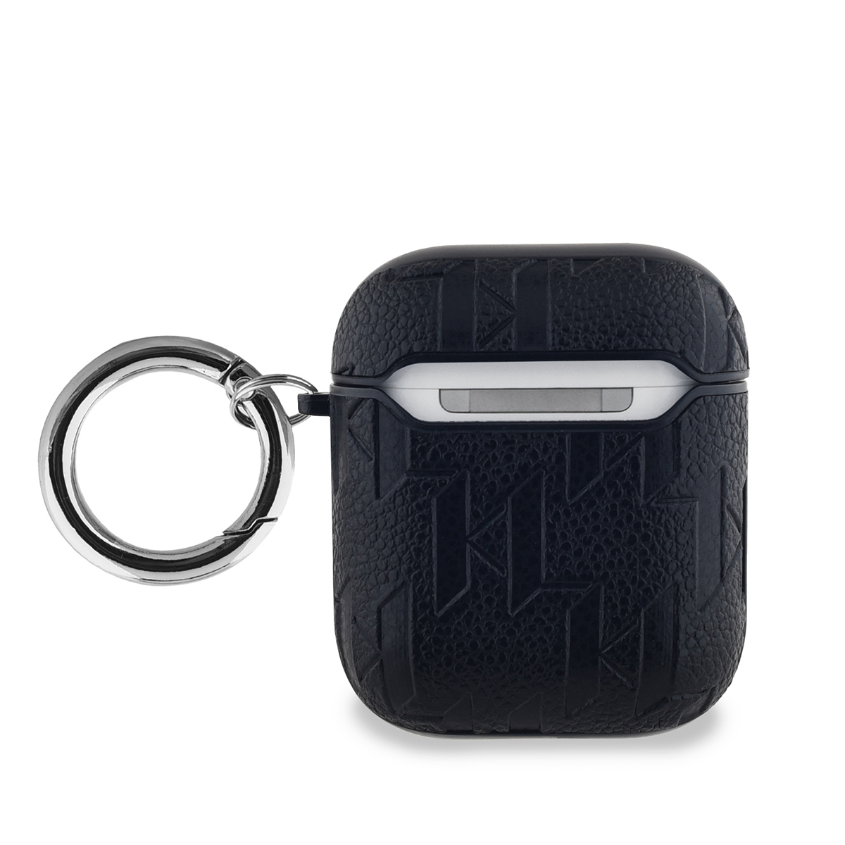 Funda negra Karl Lagerfeld Airpods con anillo plateado y la cara de Karl. Fondo blanco.