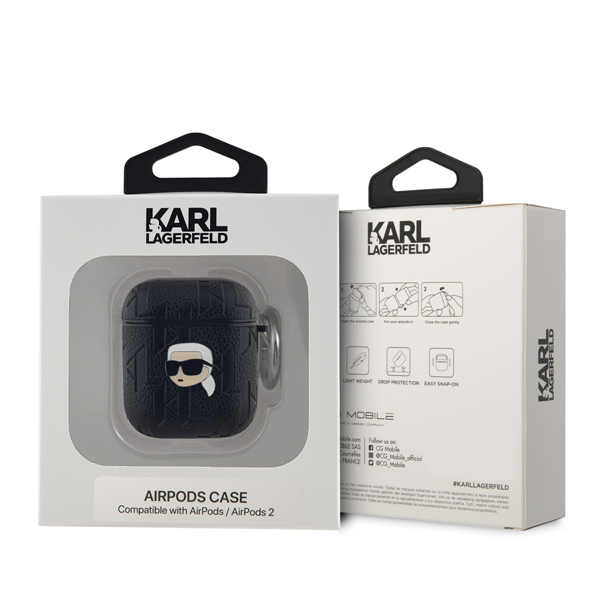 Funda Karl Lagerfeld Airpods en una caja blanca. La funda tiene la cara de Karl en la parte delantera, fondo blanco.