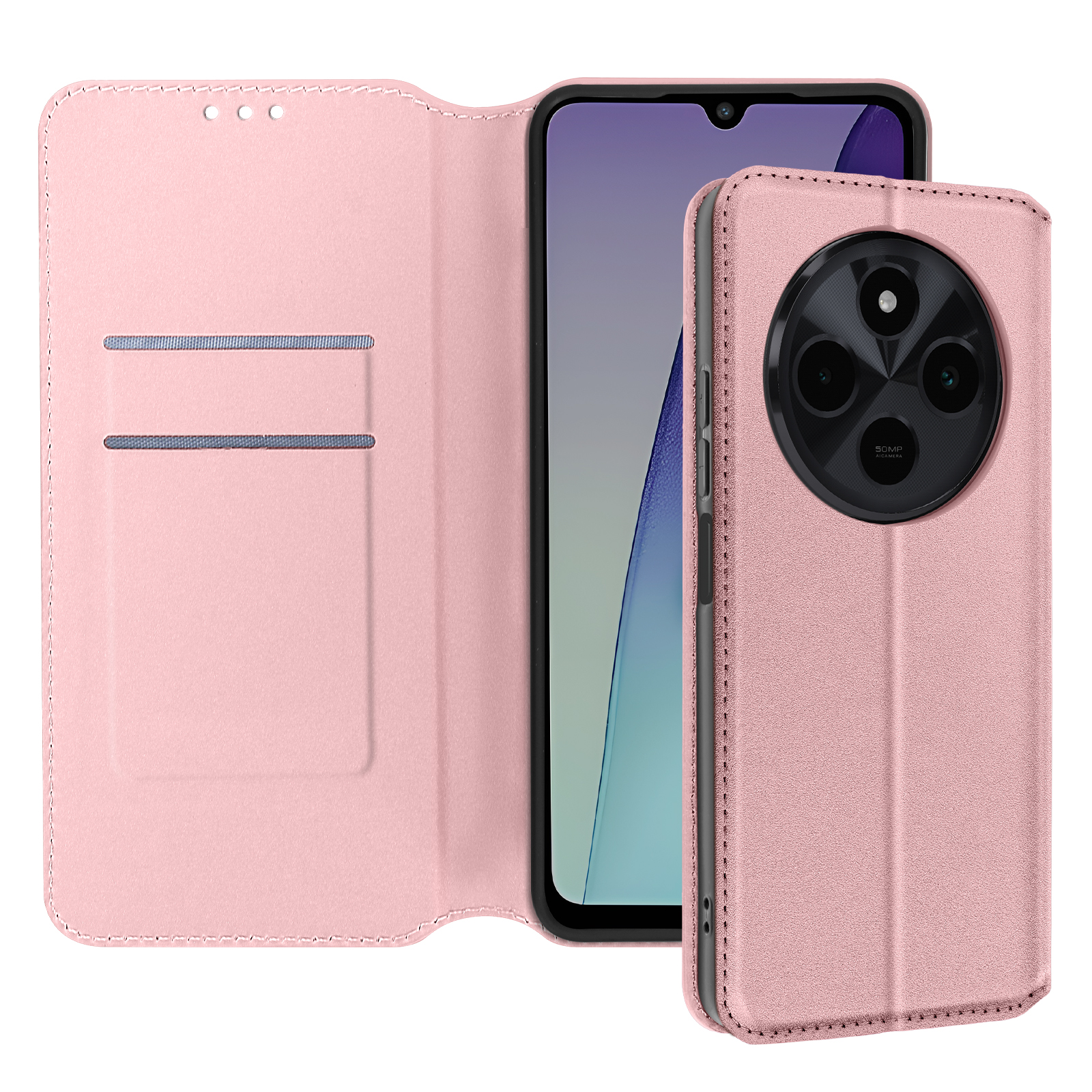 Custodia rosa per telefono aperta, che mostra il telefono. Due fessure per carte all'interno. Sfondo beige.