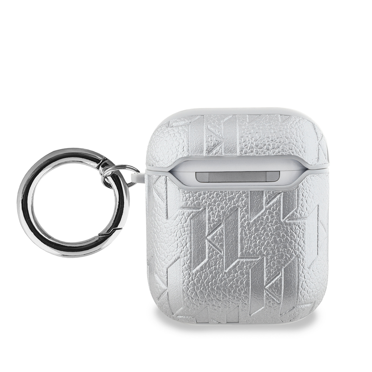 Funda plateada para AirPods con anillo plateado a juego. Fondo blanco. Superficie texturizada.