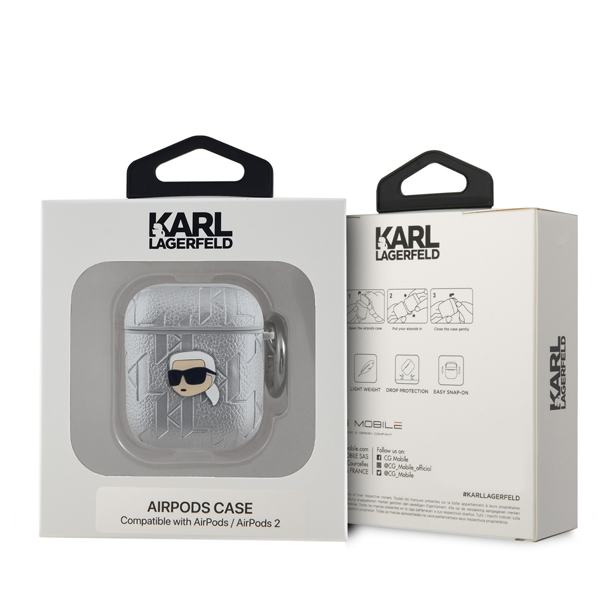 Funda plateada Karl Lagerfeld AirPods en caja. Fondo blanco. Compatible con AirPods 2.